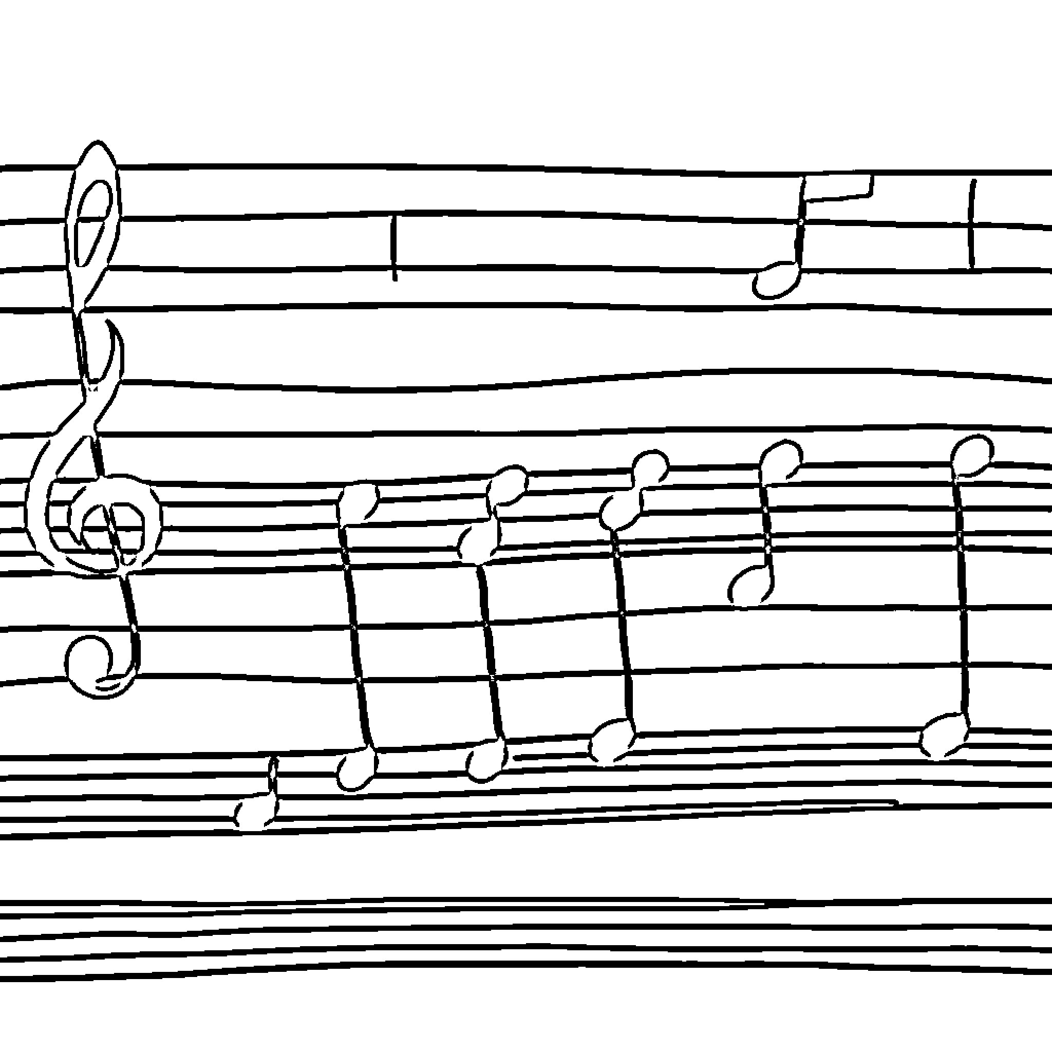 Musical Staff with Hand-Drawn Notes and Clefs Coloring Page (free black-and-white line drawing printable PDF for all, from beginners to advanced learners, including children, teens, adults, and seniors)