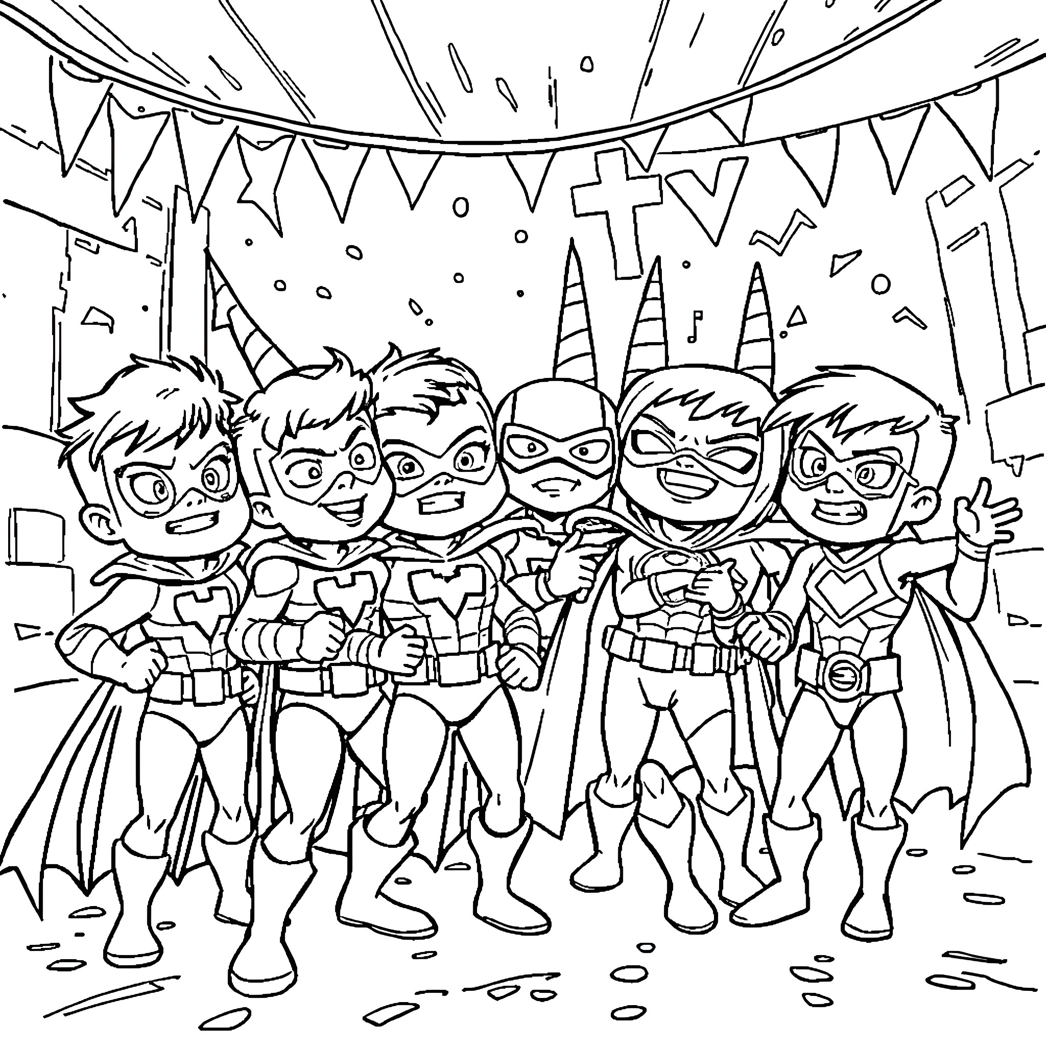 Justice League Superheroes Celebrating in Festive Gathering Coloring Page (free black-and-white line drawing printable PDF for all, from beginners to advanced learners, including children, teens, adults, and seniors)