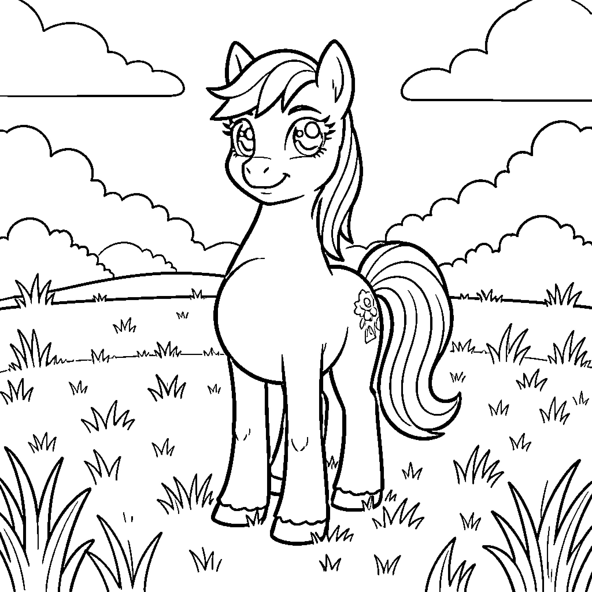 Pregnant Pony standing happily in a grassy field Coloring Page (free black-and-white line drawing printable PDF for all, from beginners to advanced learners, including children, teens, adults, and seniors)