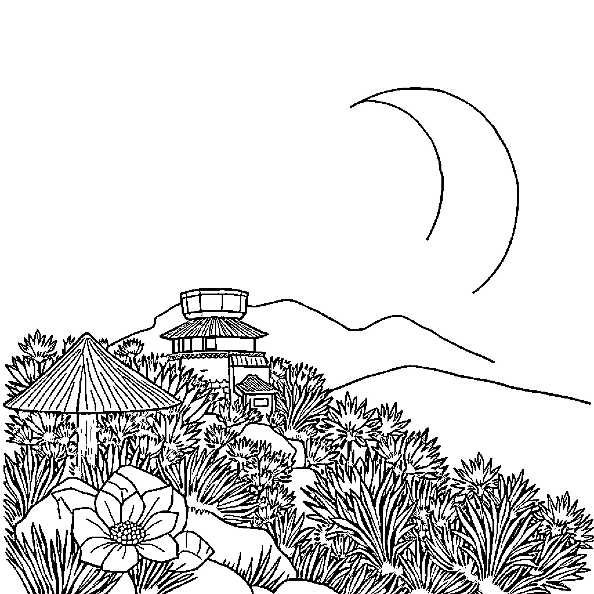 Spider-Man swinging through a lush botanical garden Coloring Page (free black-and-white line drawing printable PDF for all, from beginners to advanced learners, including children, teens, adults, and seniors)