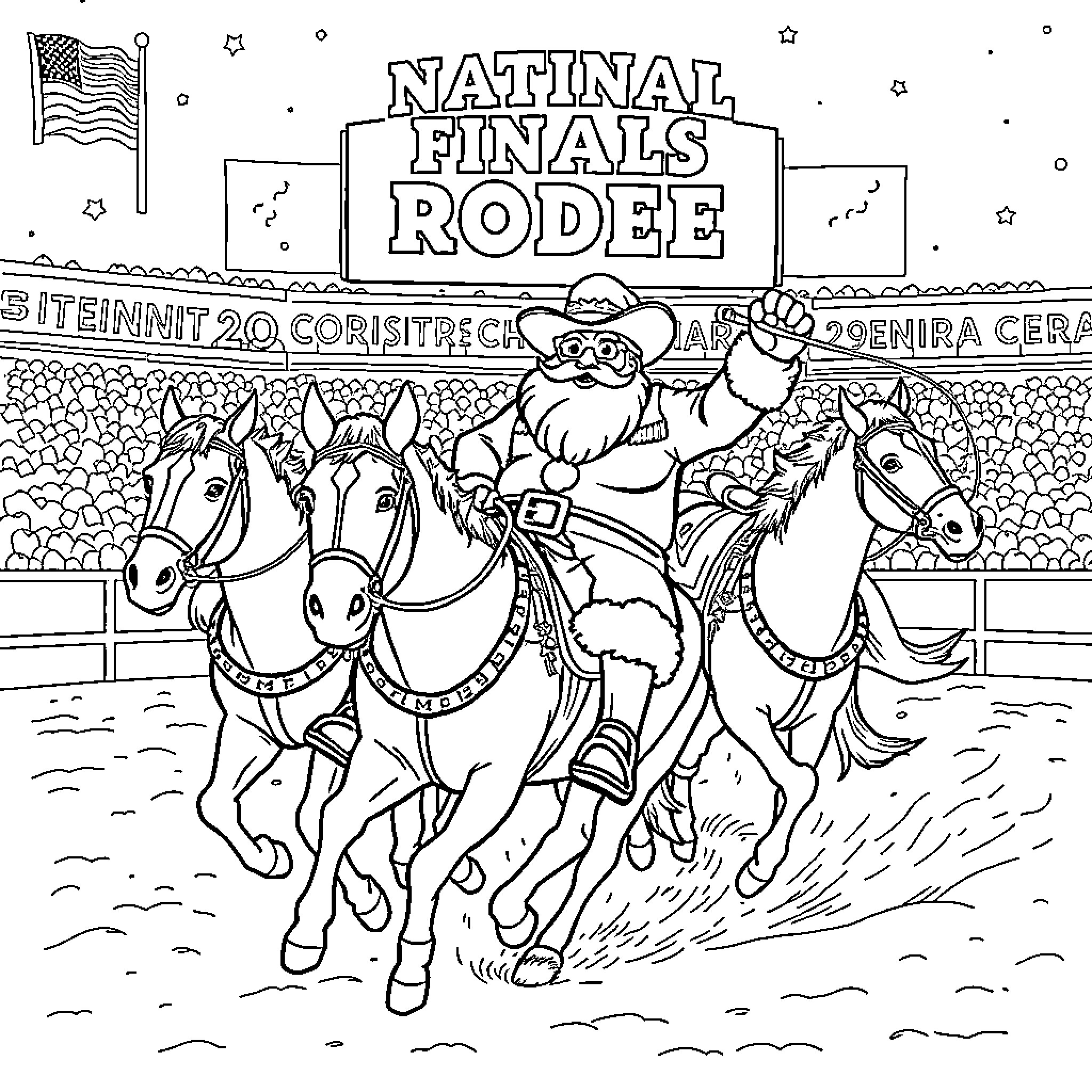 Santa's Wild Ride at the National Finals Rodeo Coloring Page (free black-and-white line drawing printable PDF for all, from beginners to advanced learners, including children, teens, adults, and seniors)