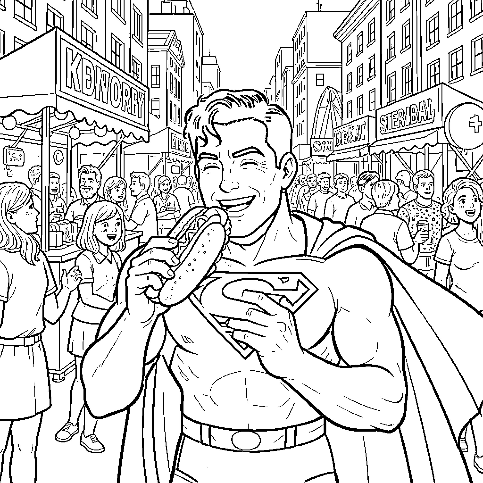 Superman smiling in a bustling city street Coloring Page (free black-and-white line drawing printable PDF for all, from beginners to advanced learners, including children, teens, adults, and seniors)
