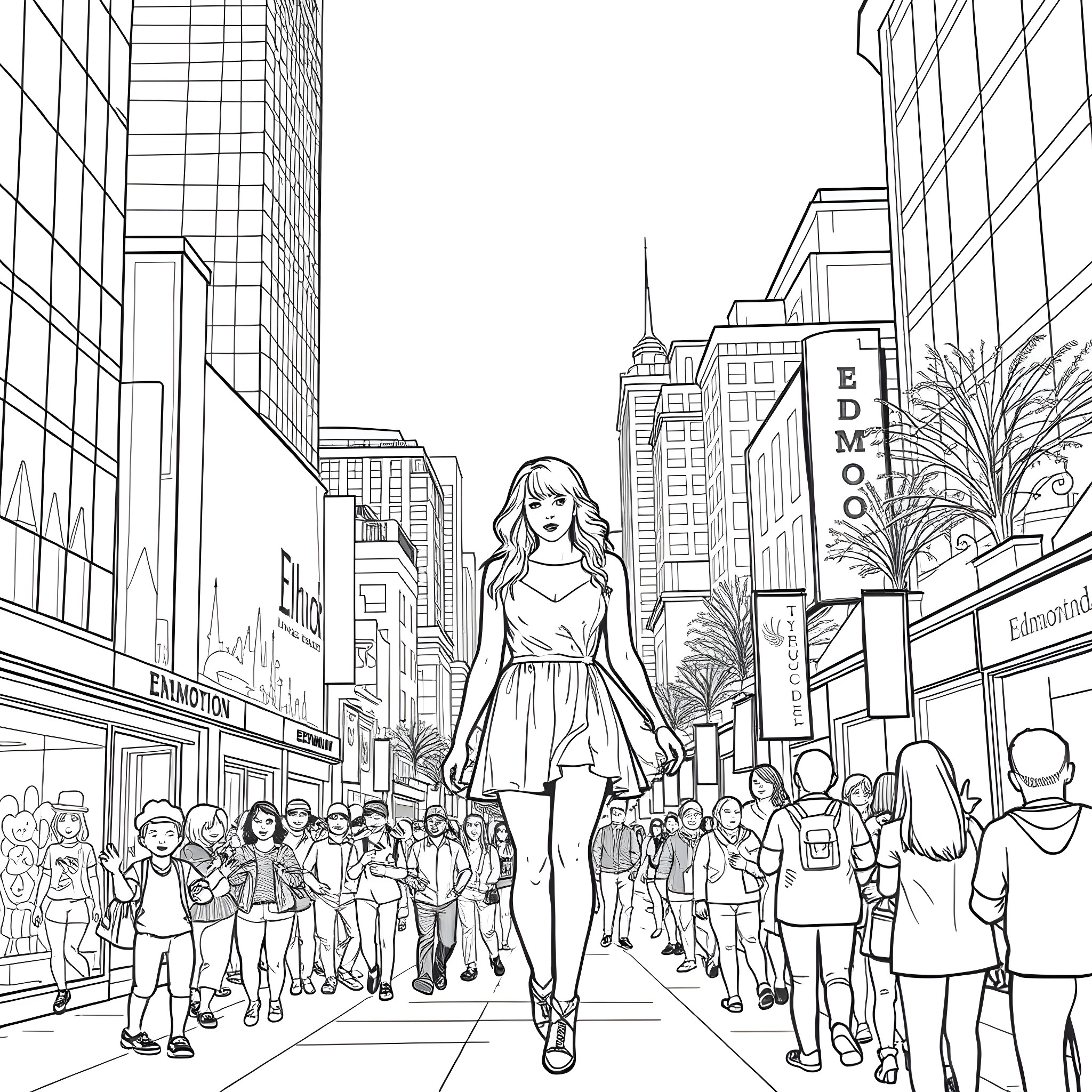 Taylor Swift strolling through a bustling city street Coloring Page (free black-and-white line drawing printable PDF for all, from beginners to advanced learners, including children, teens, adults, and seniors)