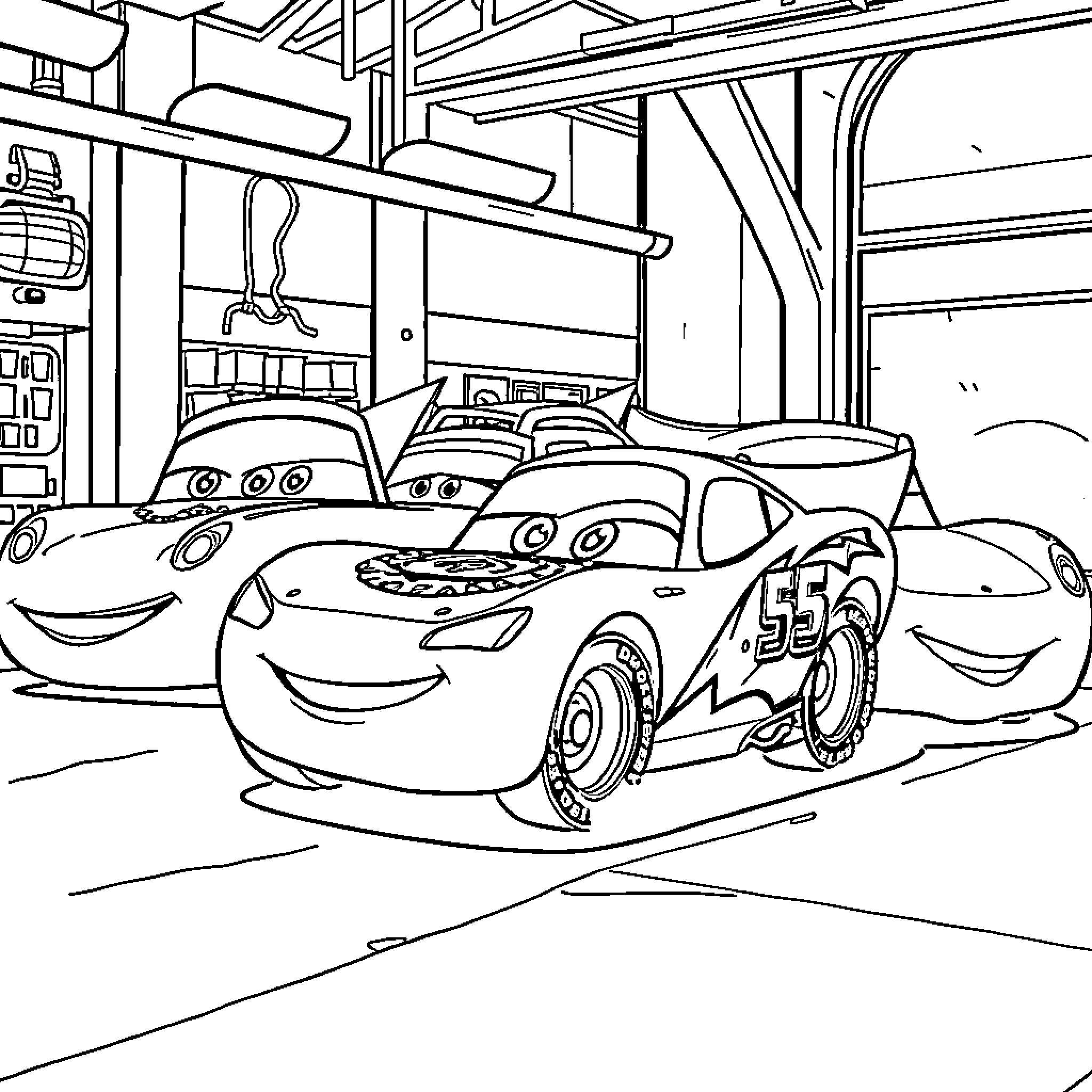 Rayo McQueen in Garage with Racing Cars Coloring Page (free black-and-white line drawing printable PDF for all, from beginners to advanced learners, including children, teens, adults, and seniors)