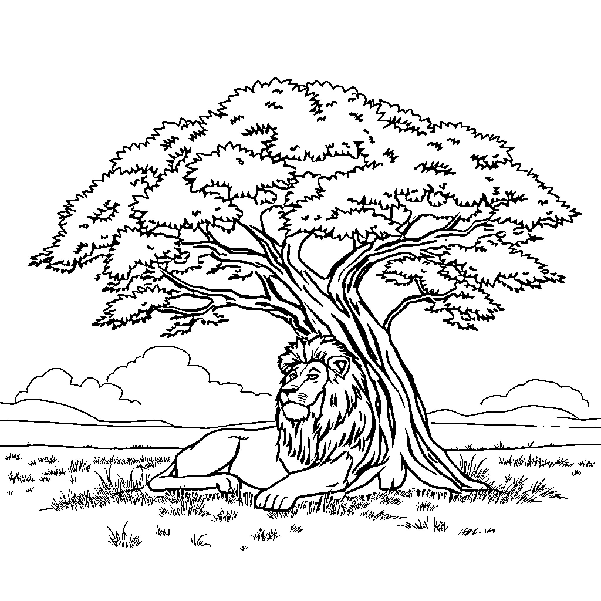 Lion resting under majestic tree in scenic landscape Coloring Page (free black-and-white line drawing printable PDF for all, from beginners to advanced learners, including children, teens, adults, and seniors)