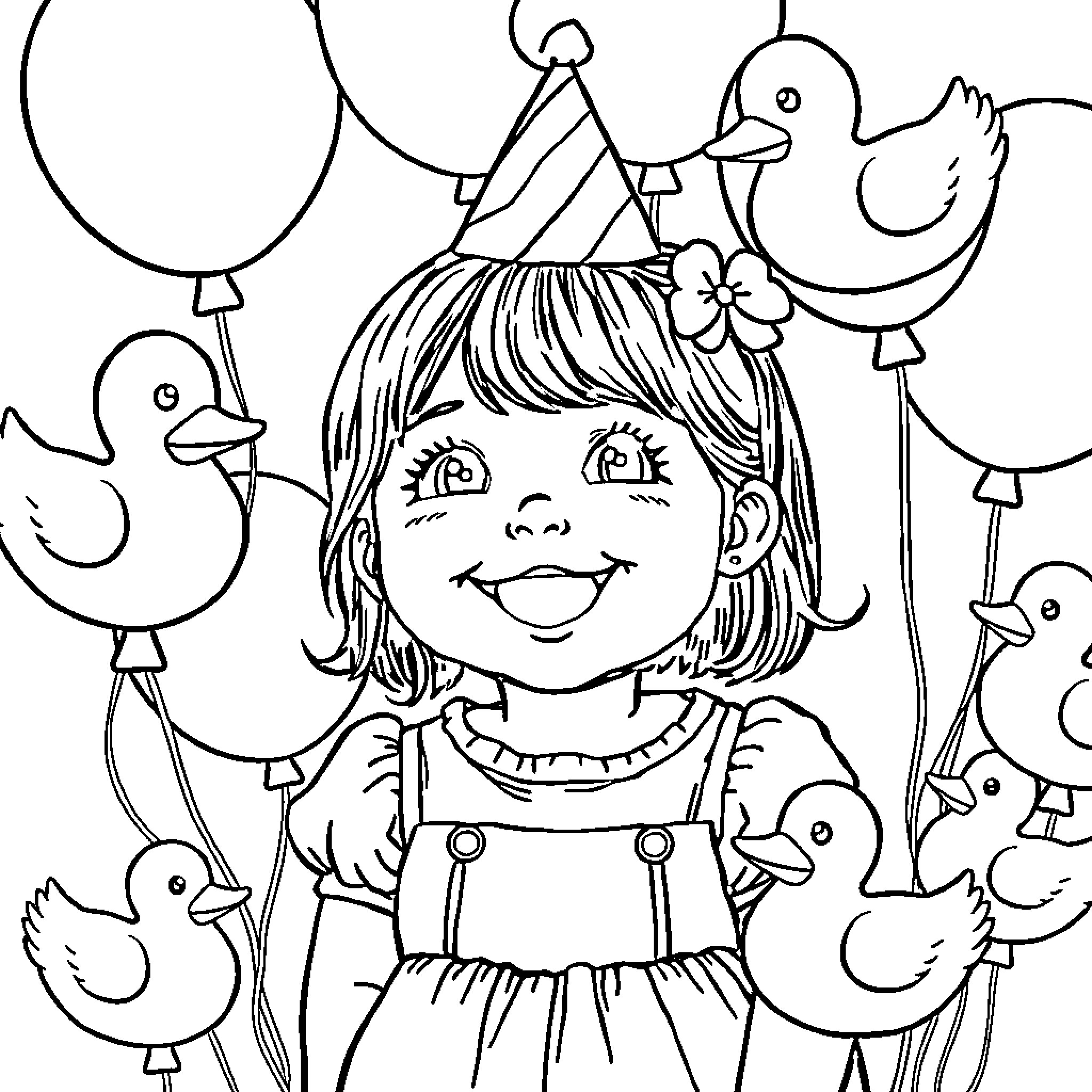 Girl Surrounded by Whimsical Ducks and Balloons Coloring Page (free black-and-white line drawing printable PDF for all, from beginners to advanced learners, including children, teens, adults, and seniors)
