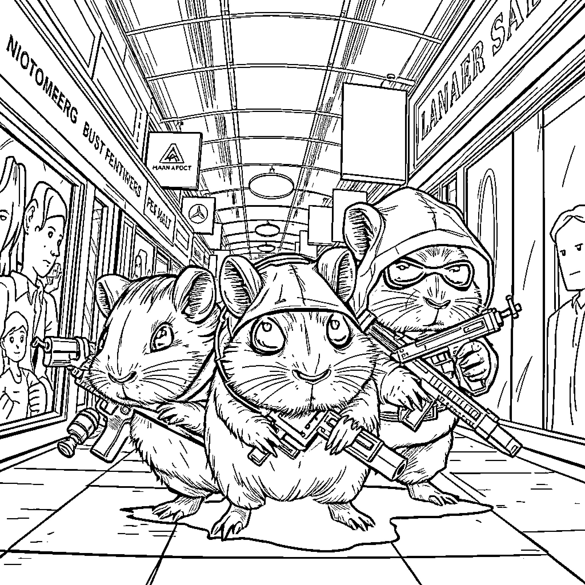 Guinea Pigs Riding the Subway Train Coloring Page (free black-and-white line drawing printable PDF for all, from beginners to advanced learners, including children, teens, adults, and seniors)