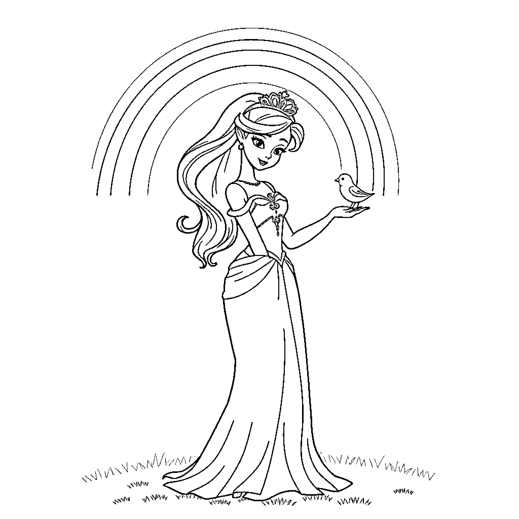 Princess Interacting with Bird in Ornate Setting Coloring Page (free black-and-white line drawing printable PDF for all, from beginners to advanced learners, including children, teens, adults, and seniors)