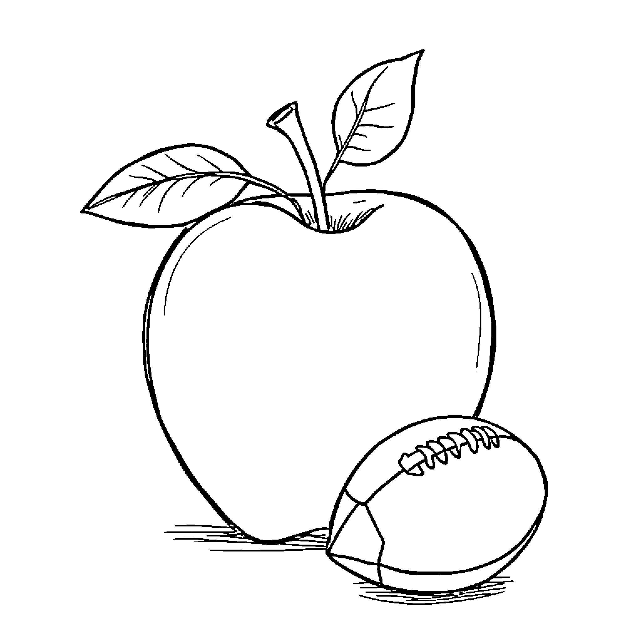 Apple with a Football Beside It Coloring Page (free black-and-white line drawing printable PDF for all, from beginners to advanced learners, including children, teens, adults, and seniors)