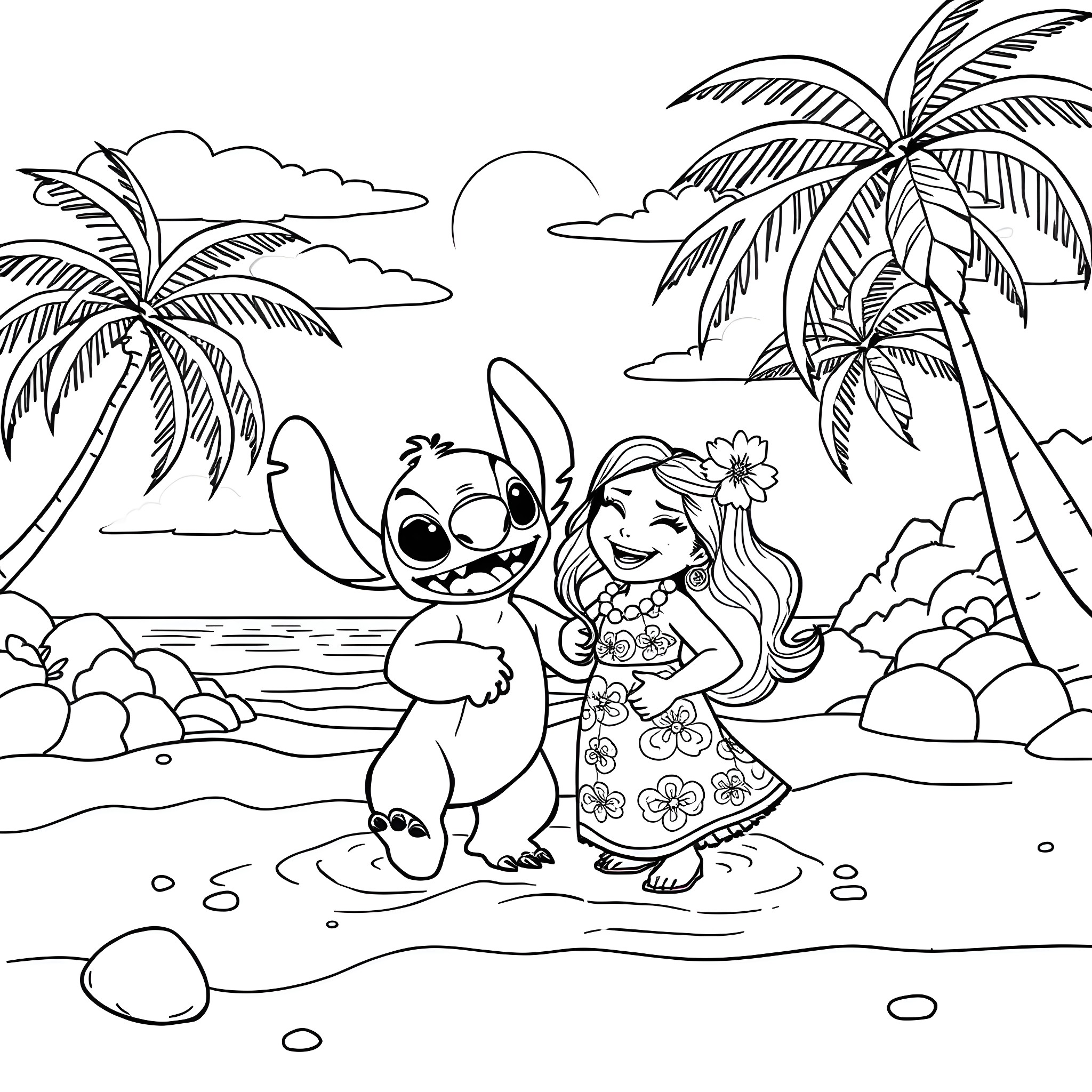 Lilo And Stitch enjoying a tropical beach day Coloring Page (free black-and-white line drawing printable PDF for all, from beginners to advanced learners, including children, teens, adults, and seniors)