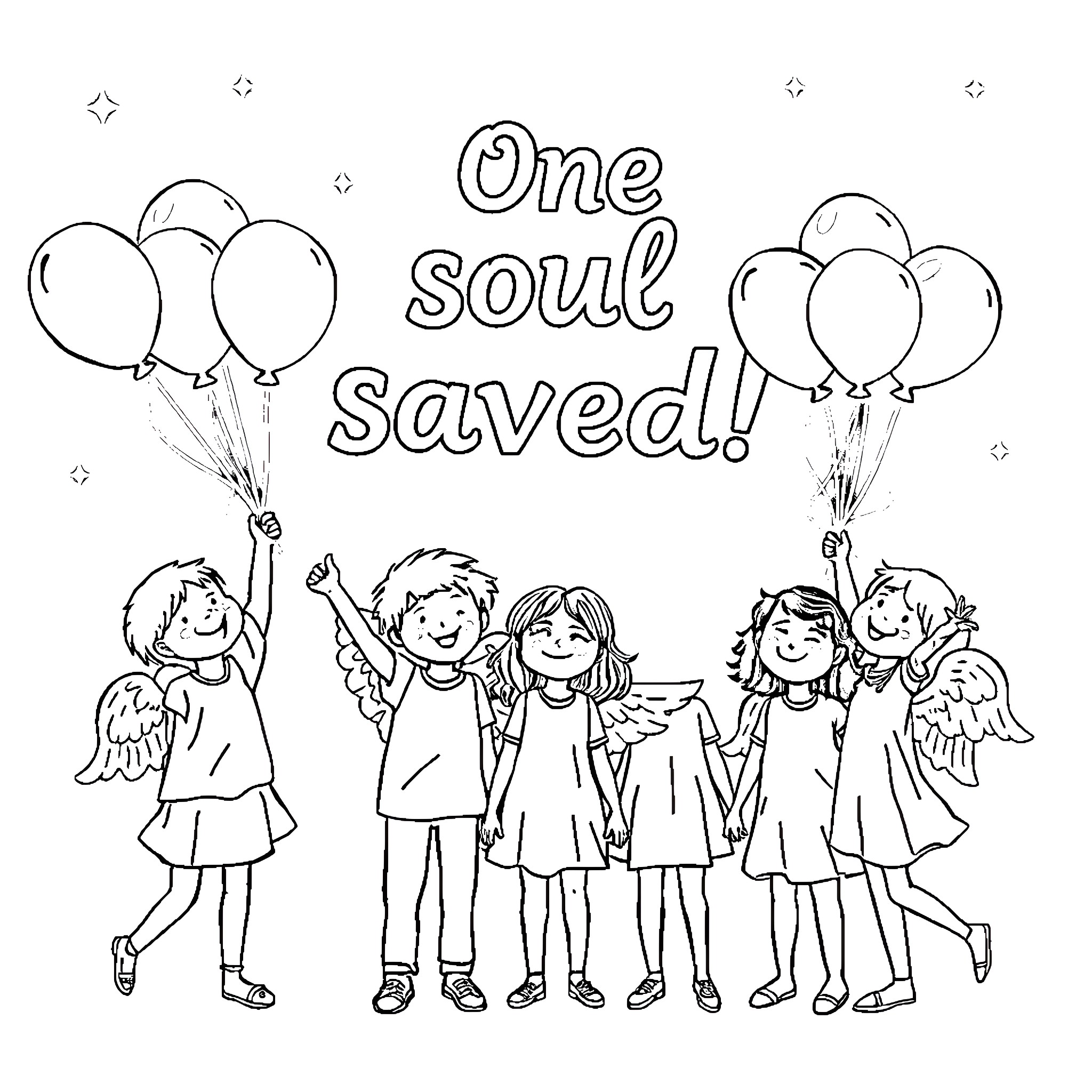 Kid angels celebrating with balloons Coloring Page (free black-and-white line drawing printable PDF for all, from beginners to advanced learners, including children, teens, adults, and seniors)