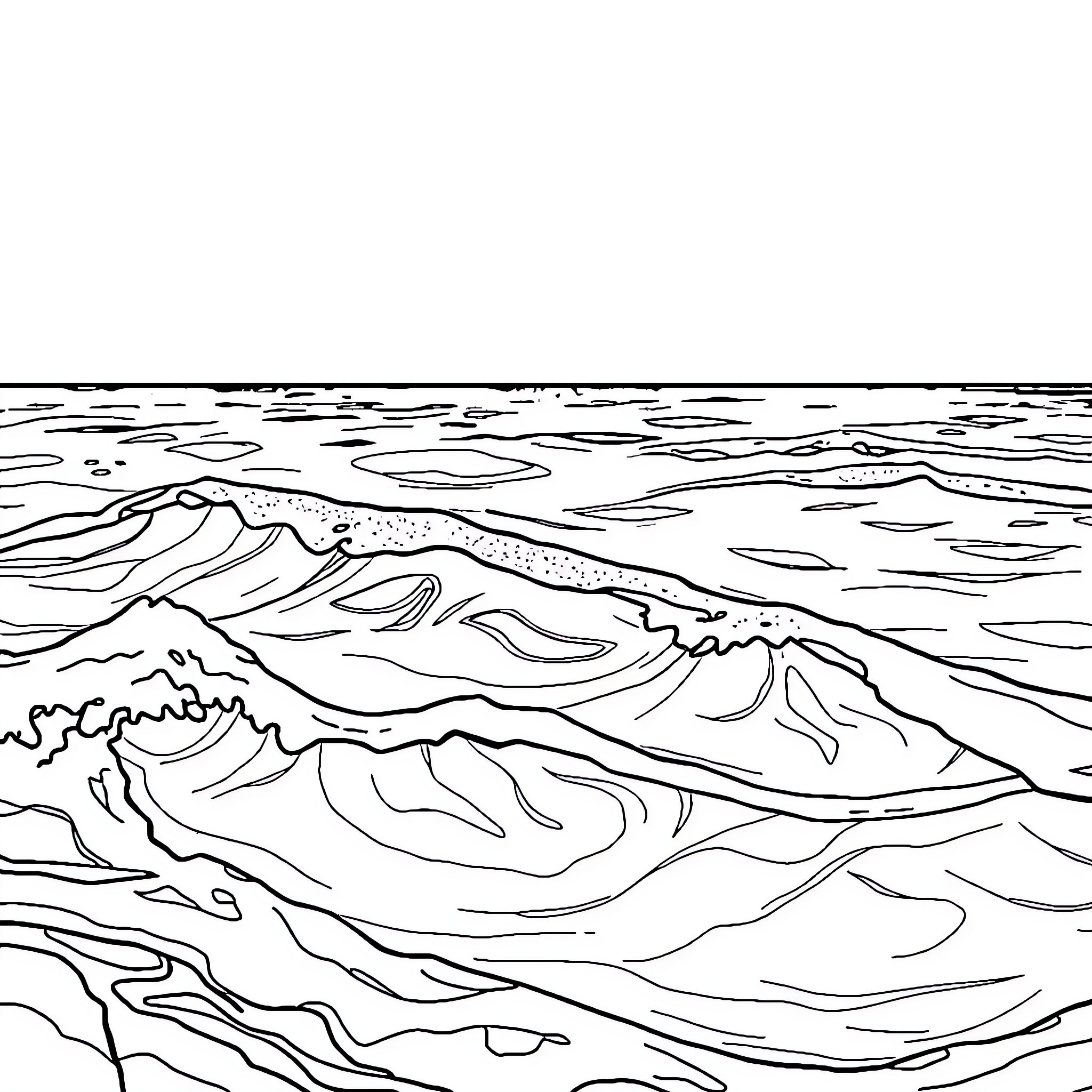 Ocean waves crashing against rocky shoreline Coloring Page (free black-and-white line drawing printable PDF for all, from beginners to advanced learners, including children, teens, adults, and seniors)