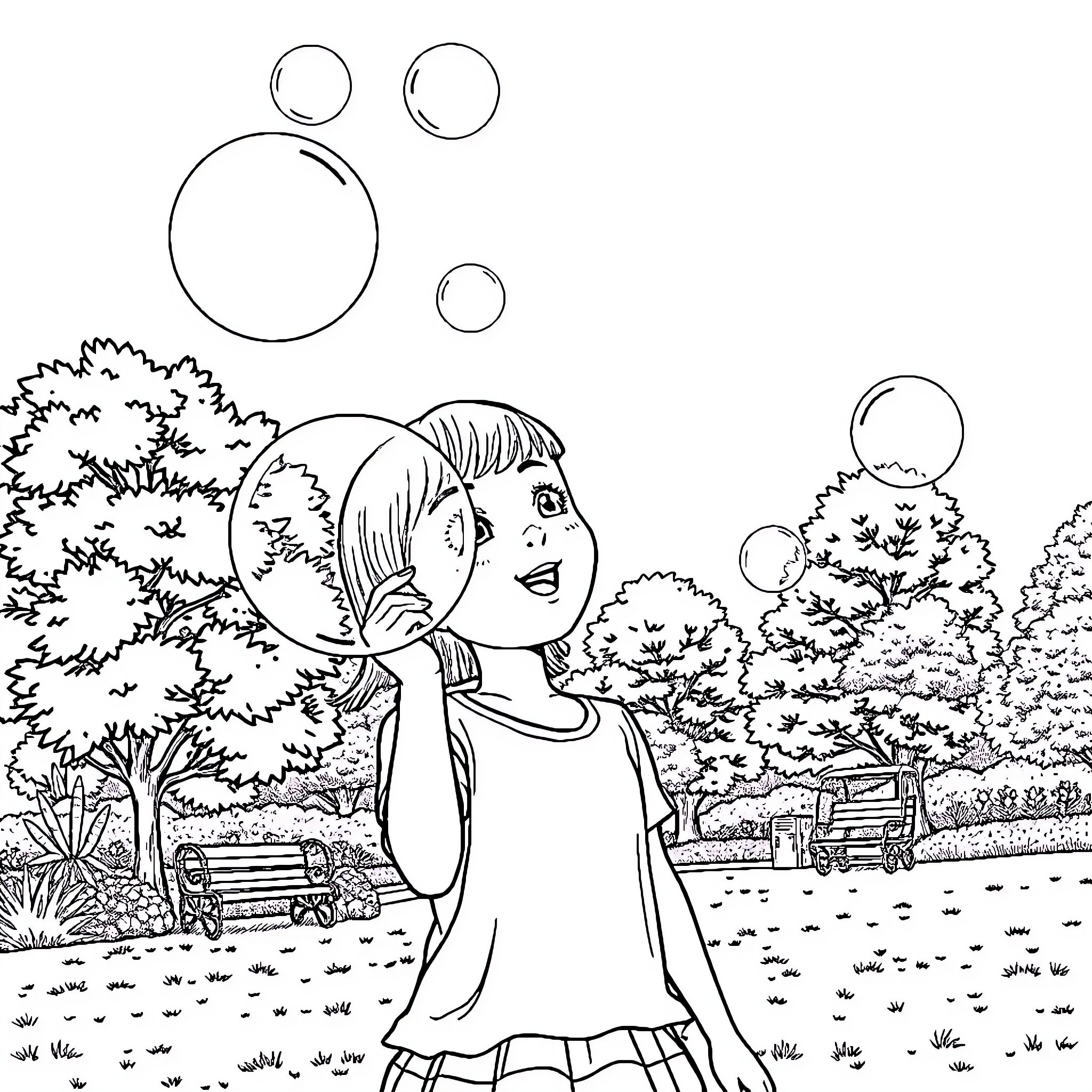 Girl playing with bubbles in park Coloring Page (free black-and-white line drawing printable PDF for all, from beginners to advanced learners, including children, teens, adults, and seniors)