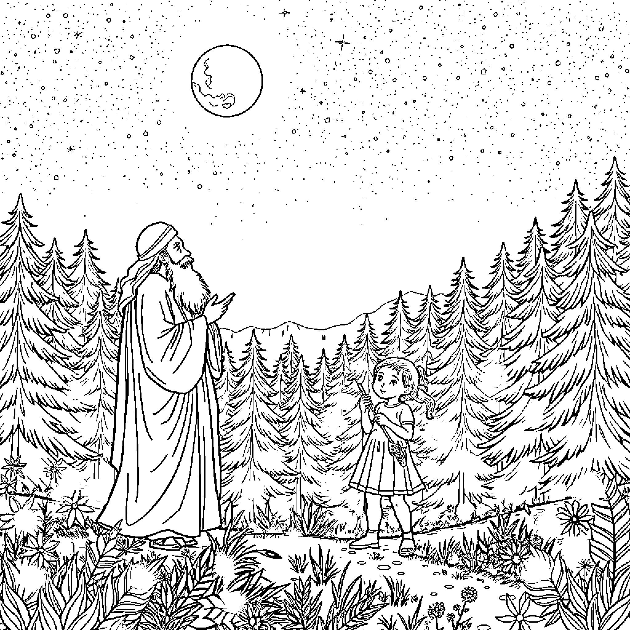 Rumi's Journey through the Enchanted Forest Coloring Page (free black-and-white line drawing printable PDF for all, from beginners to advanced learners, including children, teens, adults, and seniors)