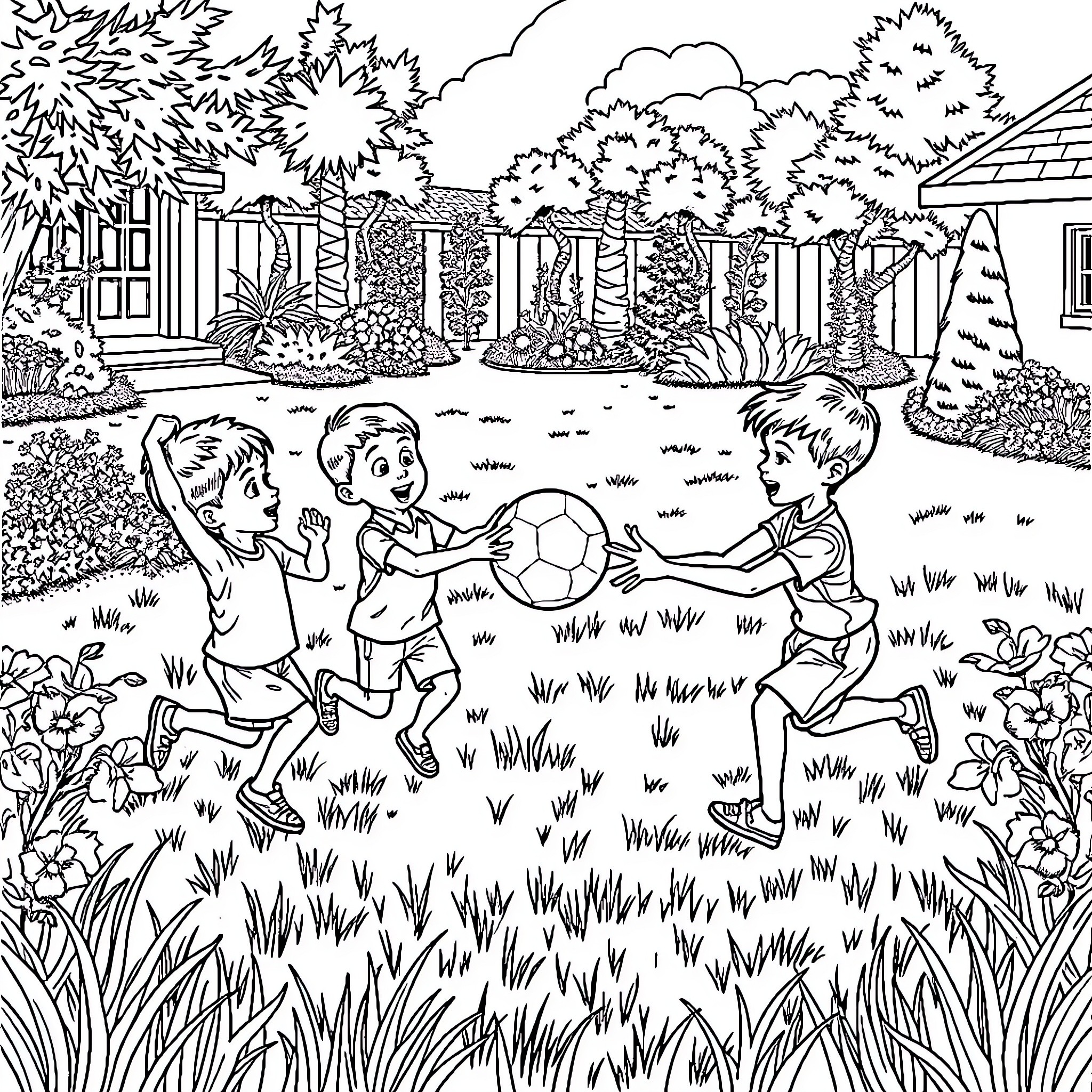 Boy playing soccer with friends in backyard Coloring Page (free black-and-white line drawing printable PDF for all, from beginners to advanced learners, including children, teens, adults, and seniors)