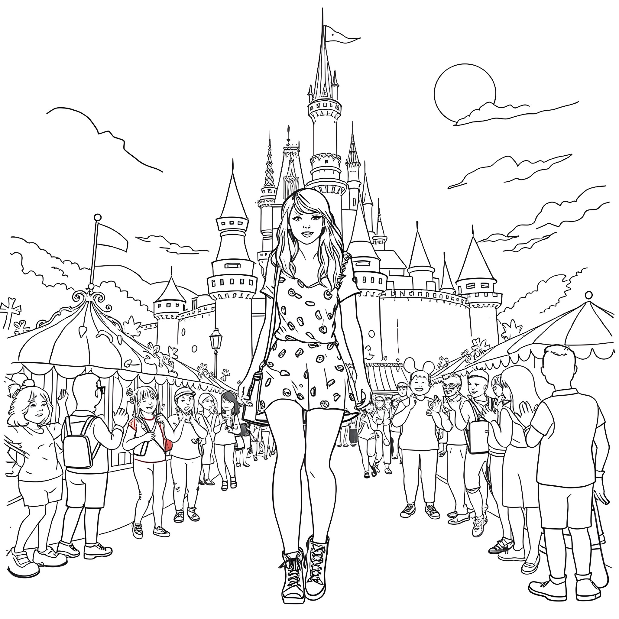 Taylor Swift enjoying a magical day at the castle Coloring Page (free black-and-white line drawing printable PDF for all, from beginners to advanced learners, including children, teens, adults, and seniors)
