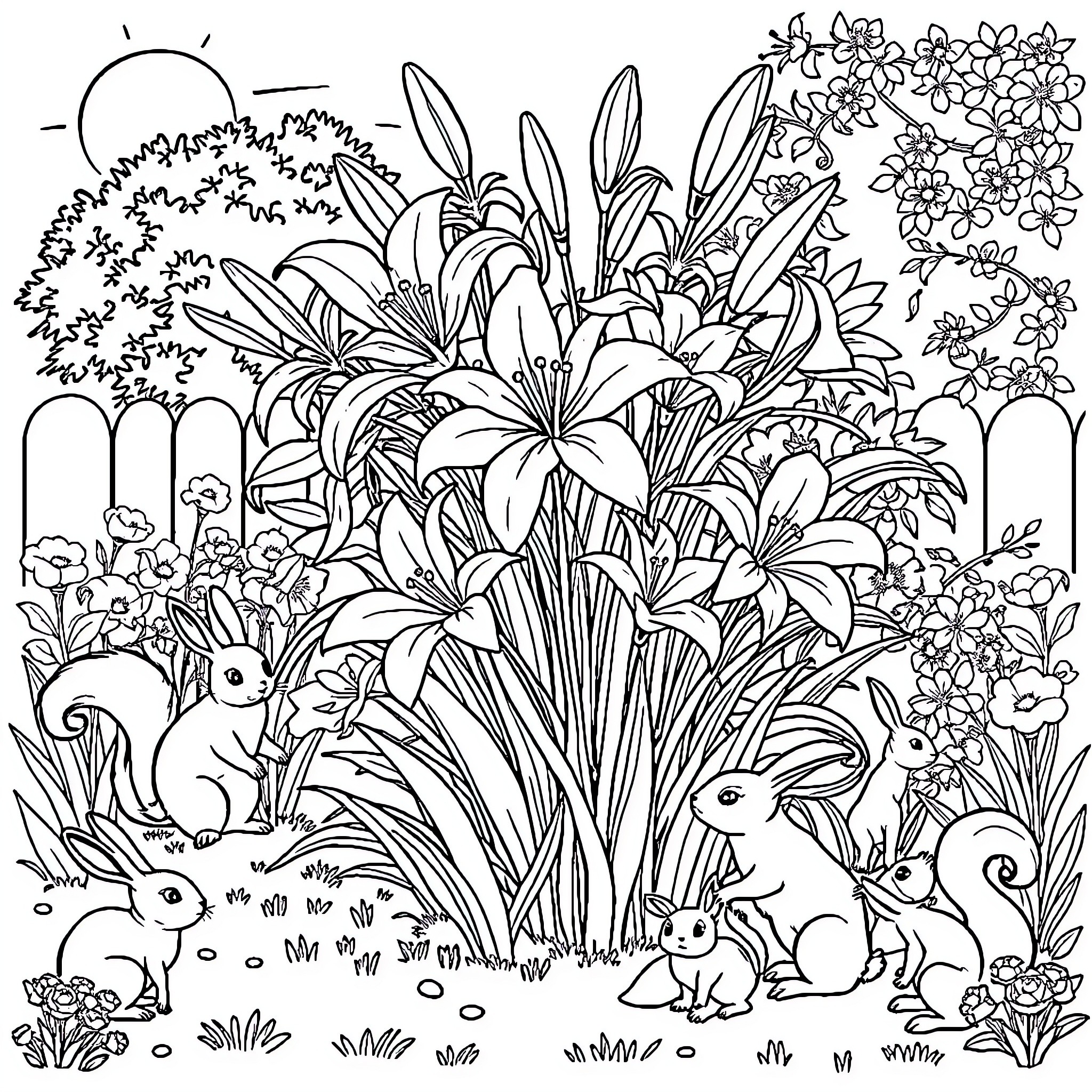Lily's Vibrant Garden Oasis Coloring Page (free black-and-white line drawing printable PDF for all, from beginners to advanced learners, including children, teens, adults, and seniors)