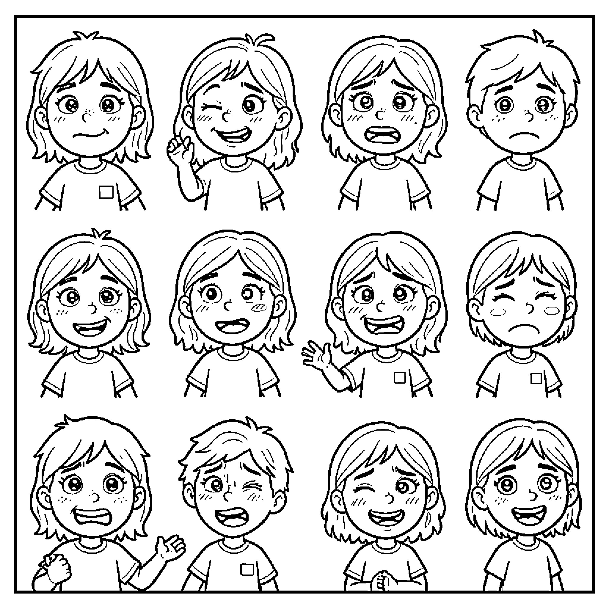 Child Emotion showing various facial expressions and moods Coloring Page (free black-and-white line drawing printable PDF for all, from beginners to advanced learners, including children, teens, adults, and seniors)