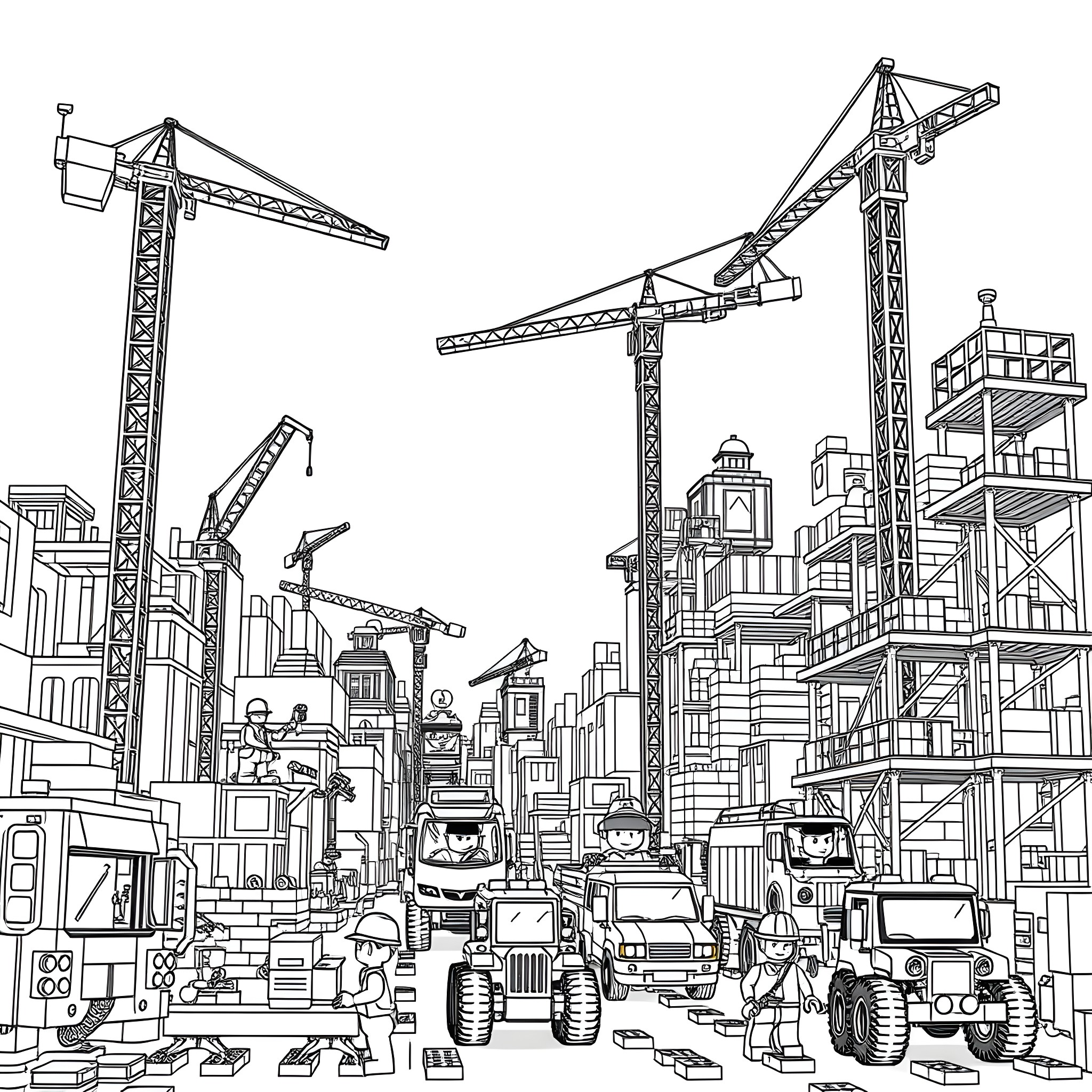 Lego construction workers building a city skyline Coloring Page (free black-and-white line drawing printable PDF for all, from beginners to advanced learners, including children, teens, adults, and seniors)