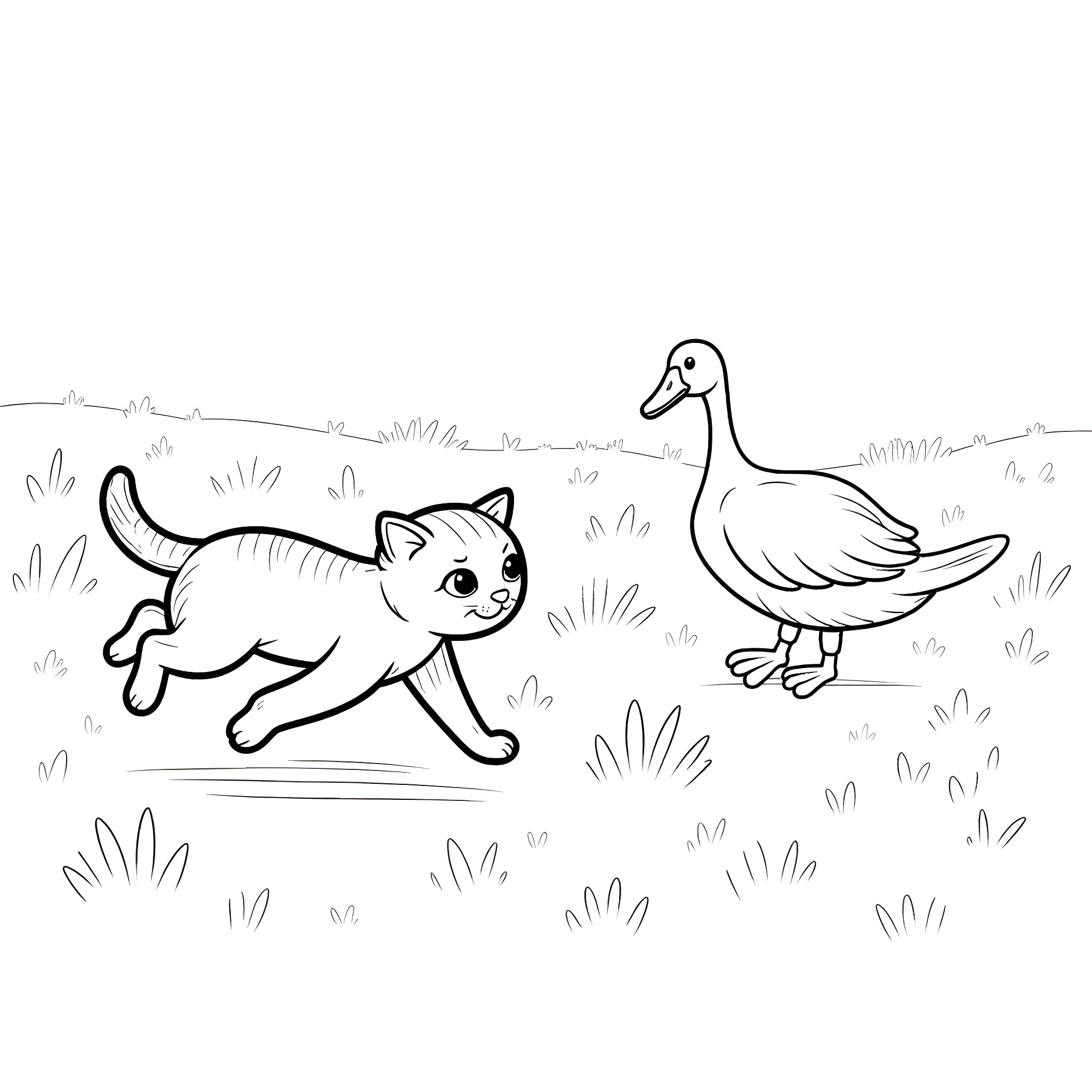 Cat chasing a duck in the meadow Coloring Page (free black-and-white line drawing printable PDF for all, from beginners to advanced learners, including children, teens, adults, and seniors)