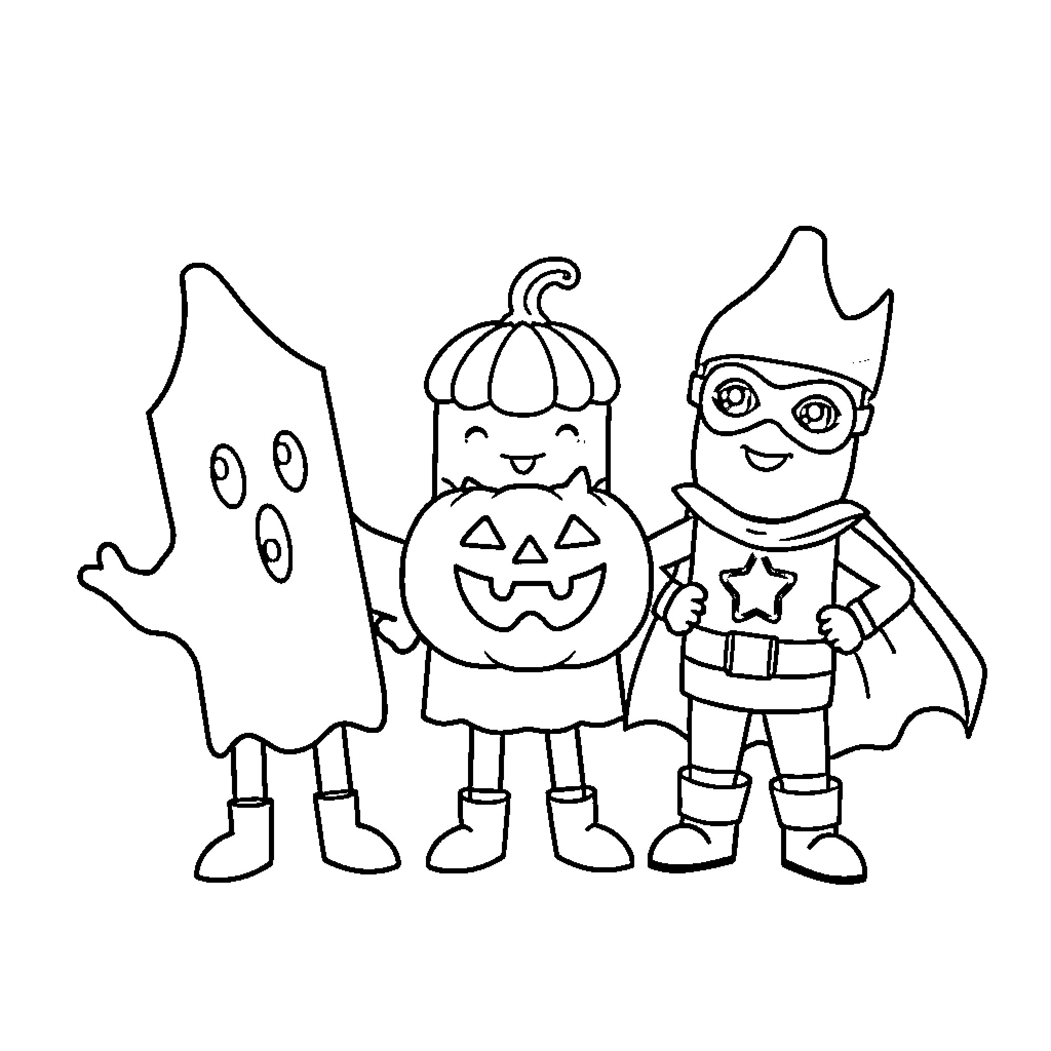 Crayon characters in Halloween costumes Coloring Page (free black-and-white line drawing printable PDF for all, from beginners to advanced learners, including children, teens, adults, and seniors)