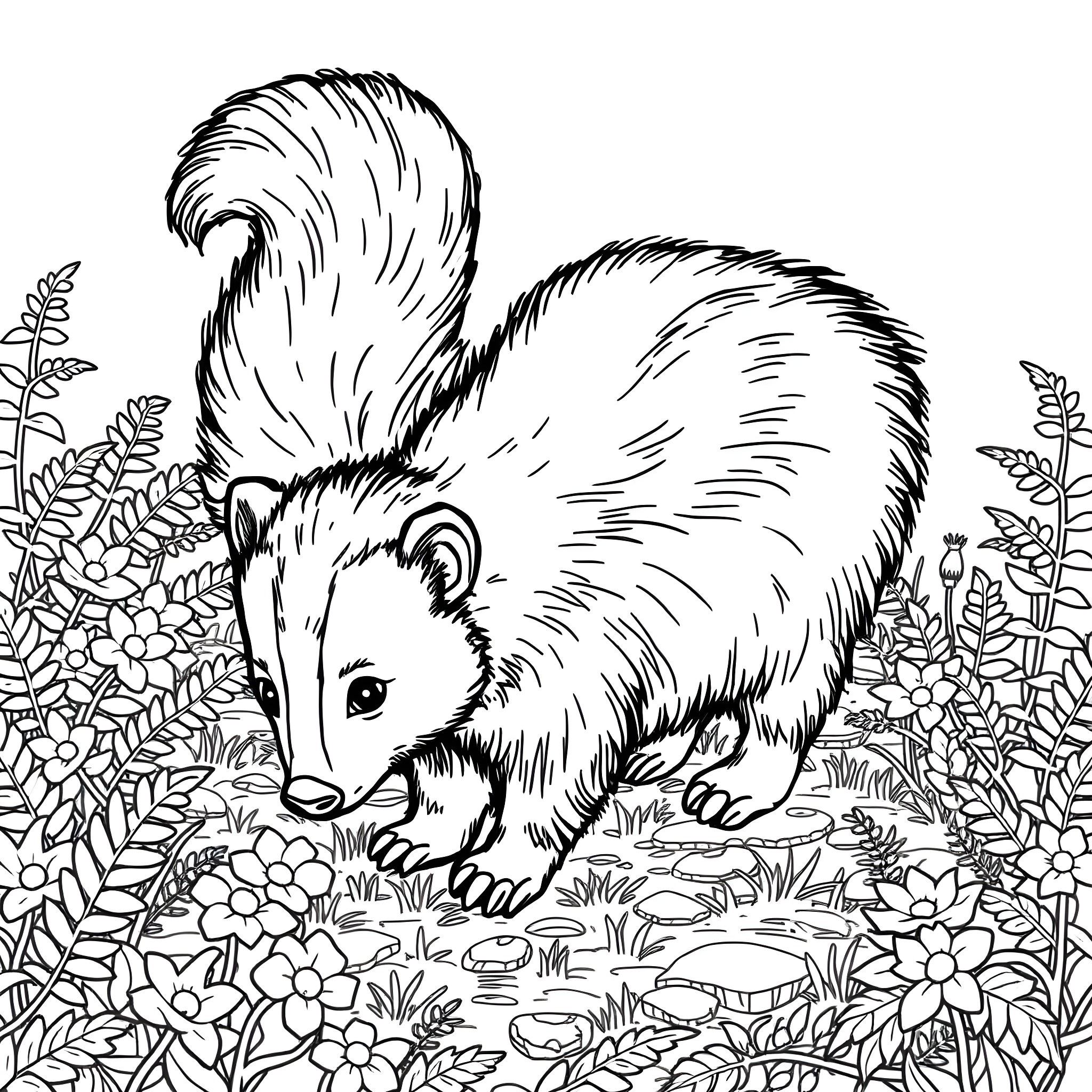 Skunk exploring the lush floral garden Coloring Page (free black-and-white line drawing printable PDF for all, from beginners to advanced learners, including children, teens, adults, and seniors)