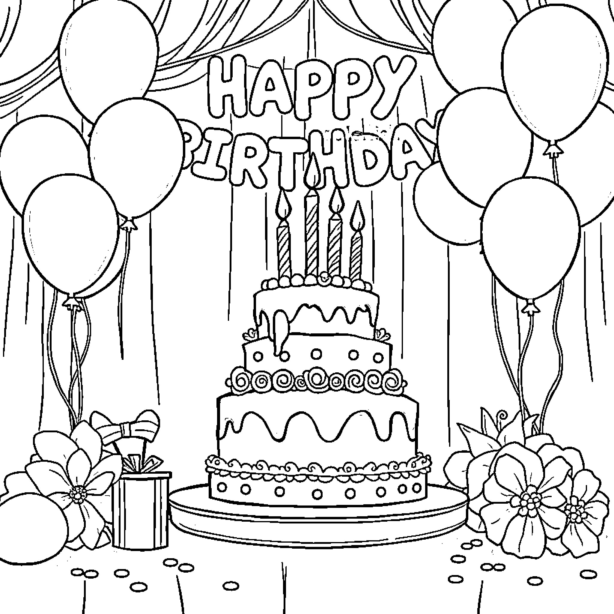 Bluey's Happy Birthday Celebration Coloring Page (free black-and-white line drawing printable PDF for all, from beginners to advanced learners, including children, teens, adults, and seniors)