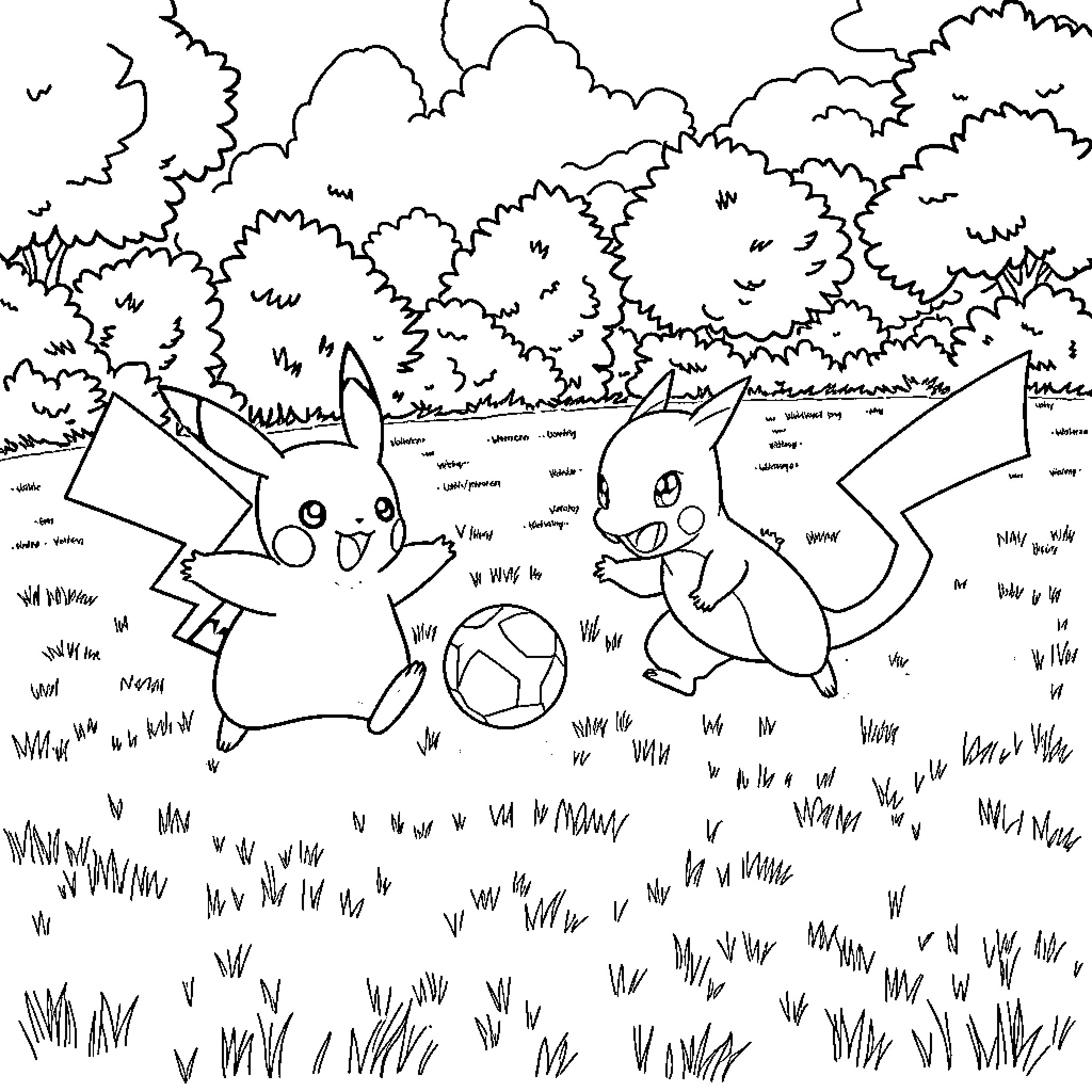 Pikachu and friends playing in the forest Coloring Page (free black-and-white line drawing printable PDF for all, from beginners to advanced learners, including children, teens, adults, and seniors)