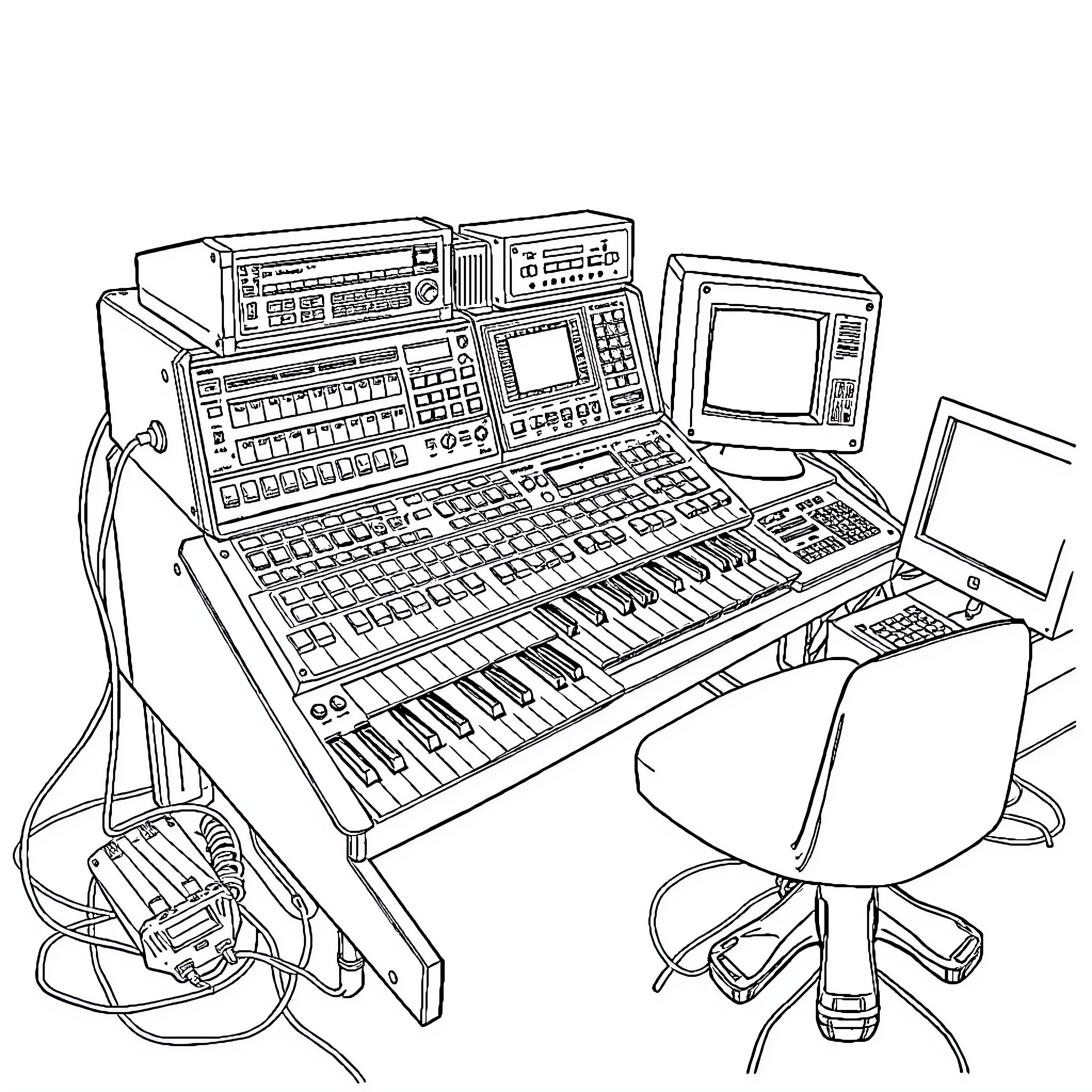 Musical Instrument Recording Studio Equipment Coloring Page (free black-and-white line drawing printable PDF for all, from beginners to advanced learners, including children, teens, adults, and seniors)