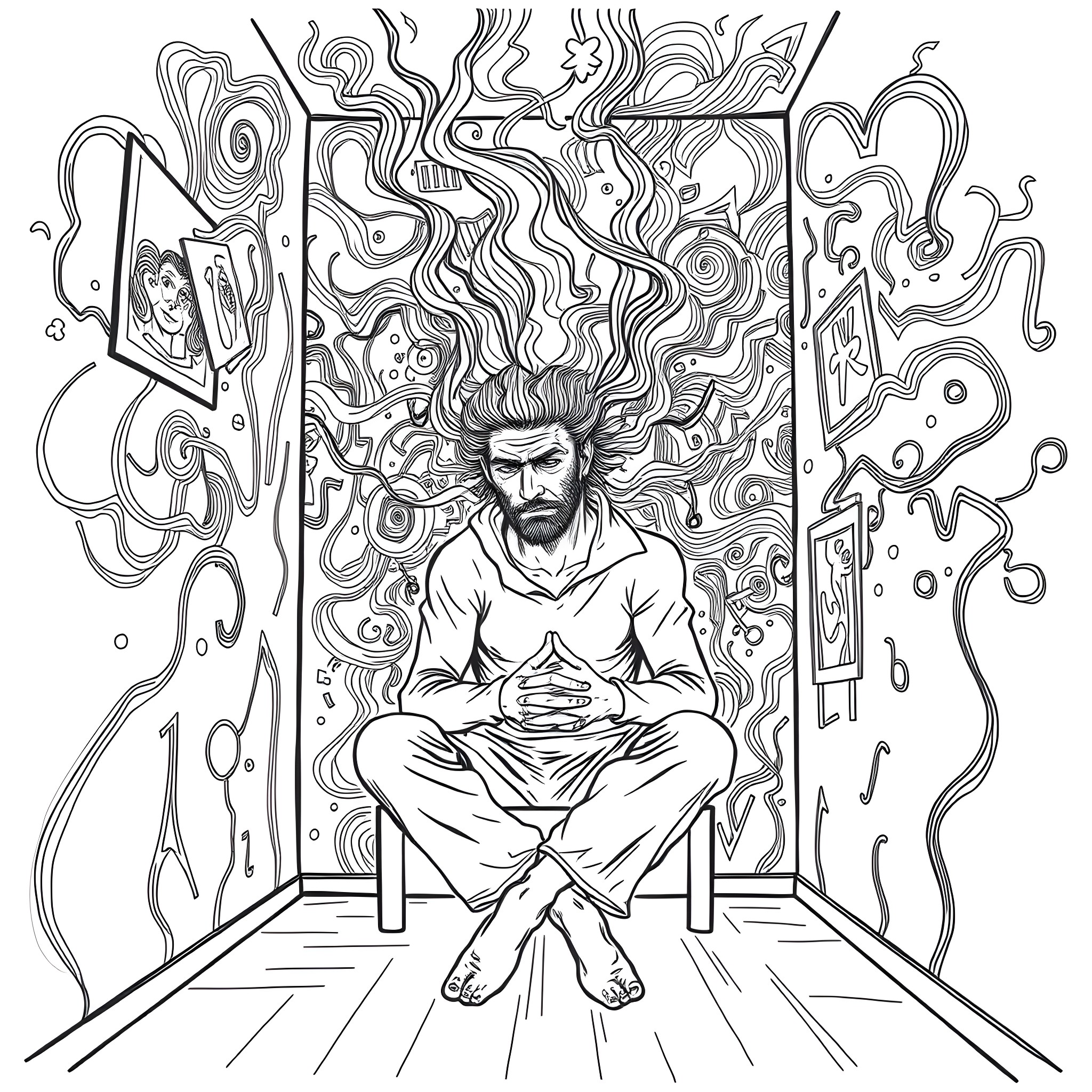 Anxiety Embodied: A Surreal Introspection Coloring Page (free black-and-white line drawing printable PDF for all, from beginners to advanced learners, including children, teens, adults, and seniors)