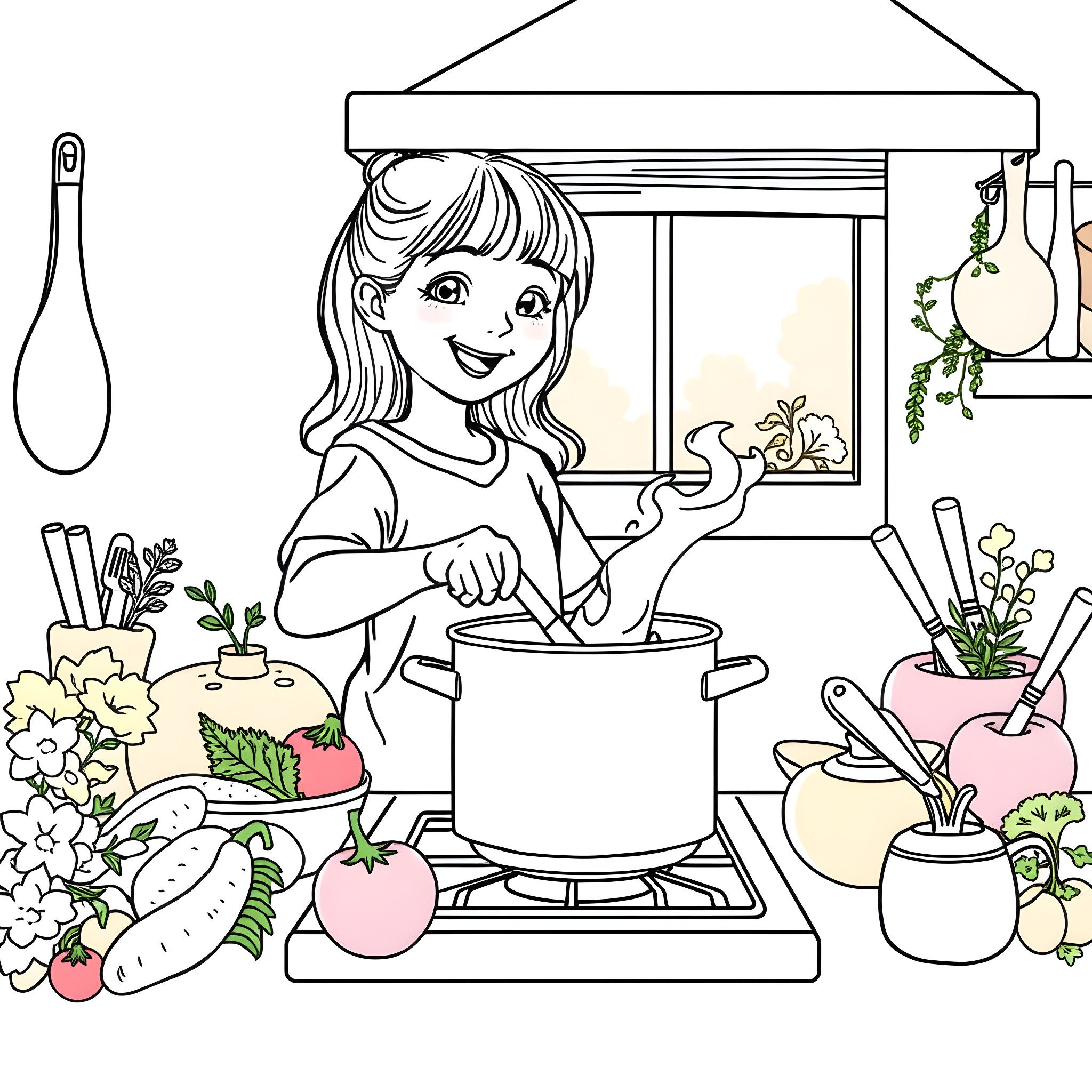 Girl cooking delicious meals in the kitchen Coloring Page (free black-and-white line drawing printable PDF for all, from beginners to advanced learners, including children, teens, adults, and seniors)