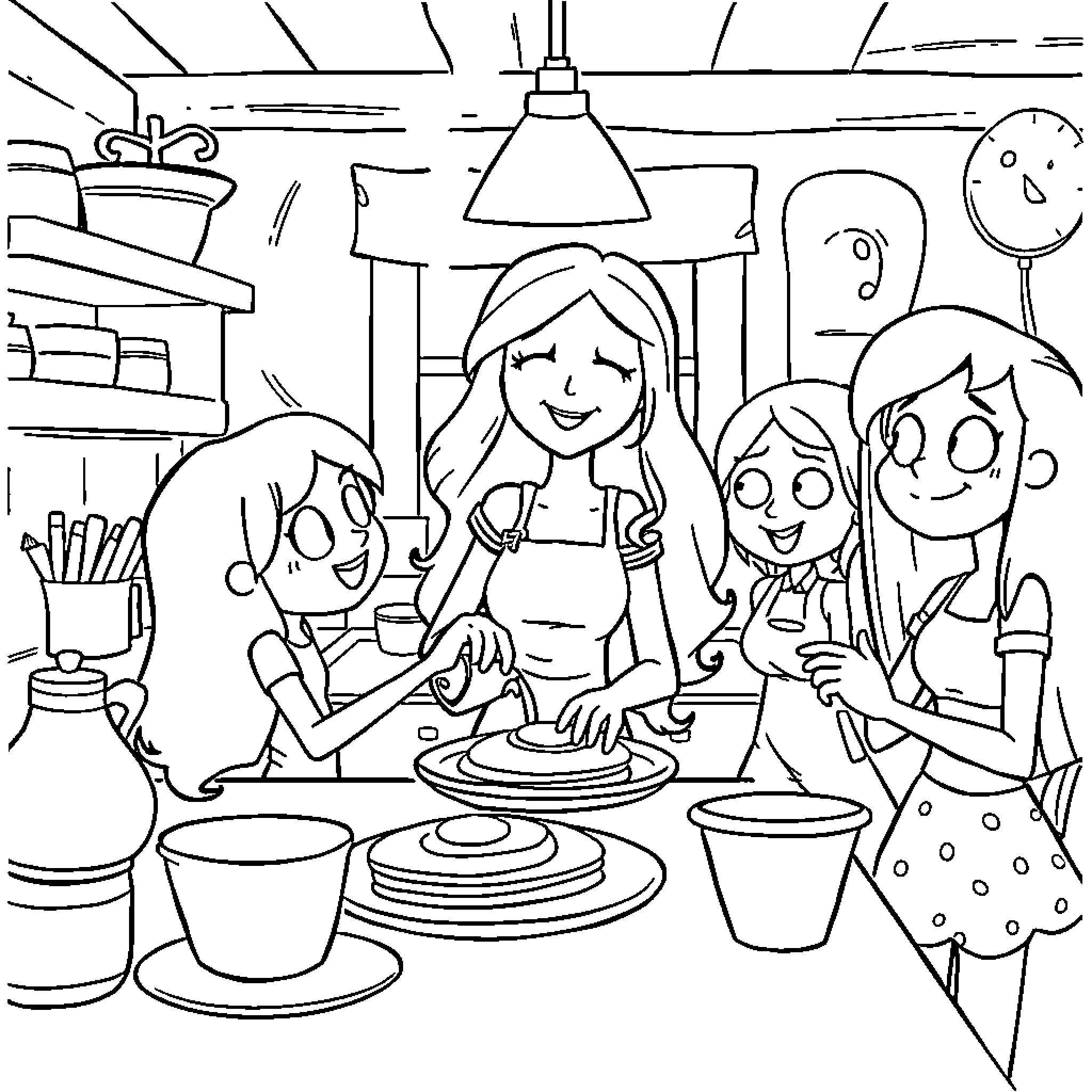Marceline and her friends baking together in the kitchen Coloring Page (free black-and-white line drawing printable PDF for all, from beginners to advanced learners, including children, teens, adults, and seniors)