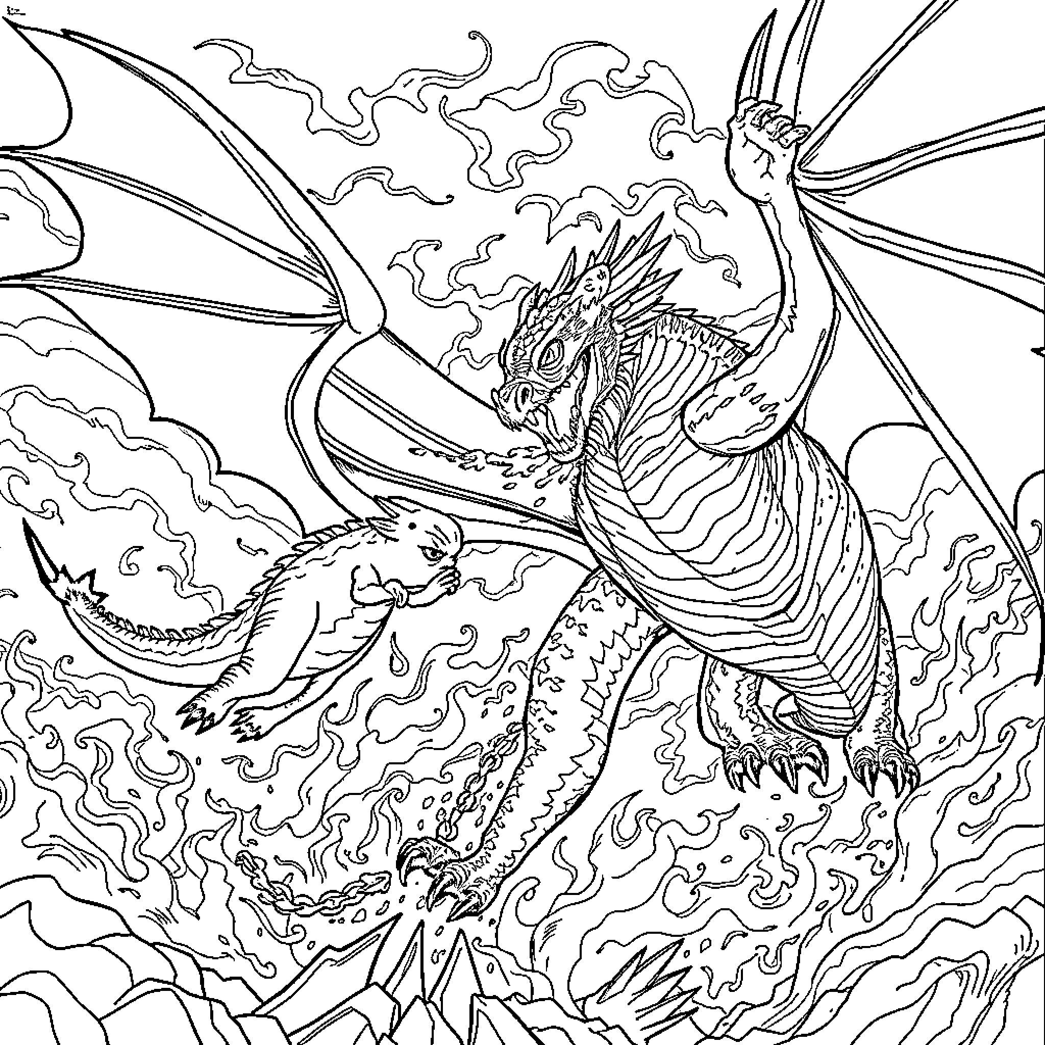 Dragon Soaring Through Fiery Skies Coloring Page (free black-and-white line drawing printable PDF for all, from beginners to advanced learners, including children, teens, adults, and seniors)