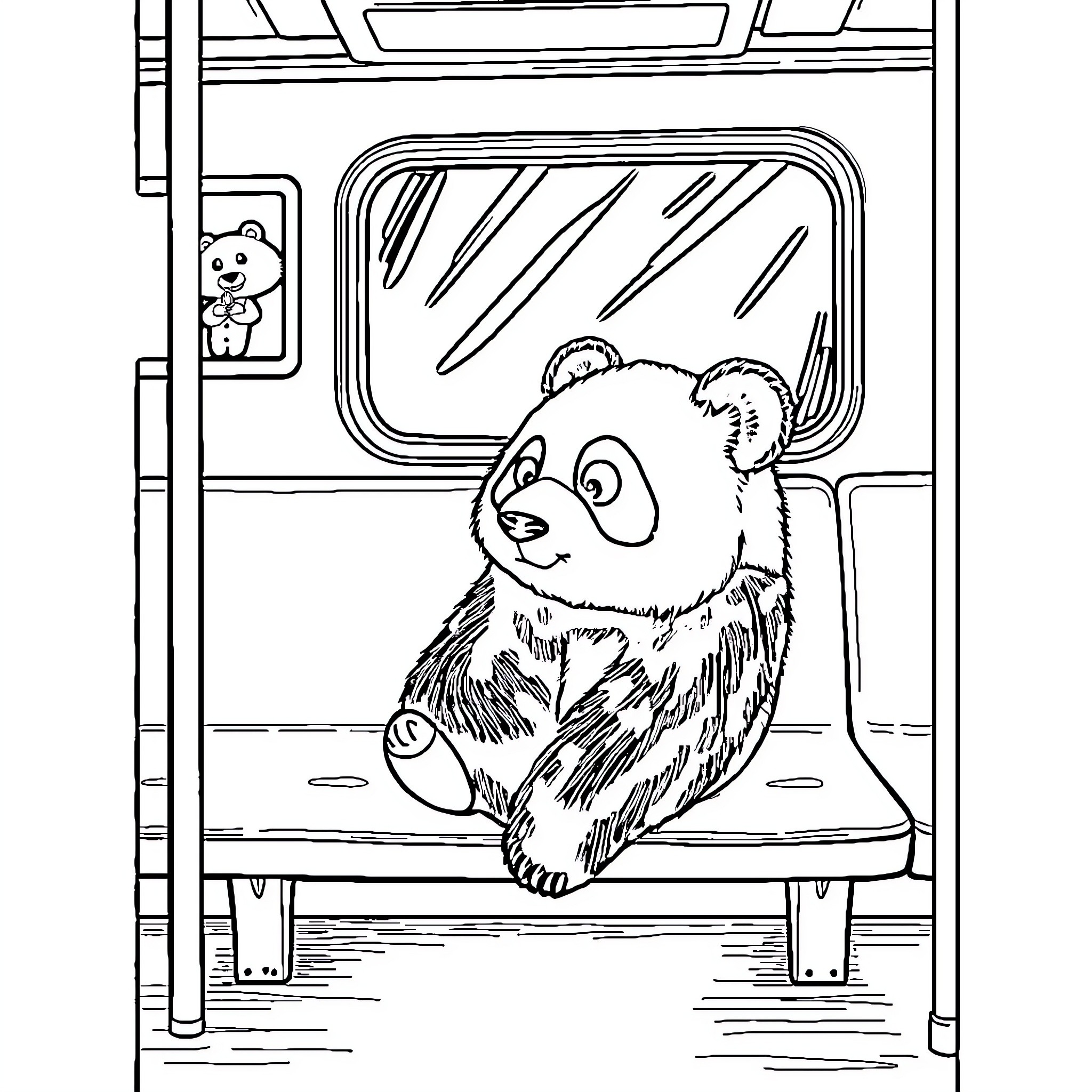 Panda exploring the train Coloring Page (free black-and-white line drawing printable PDF for all, from beginners to advanced learners, including children, teens, adults, and seniors)