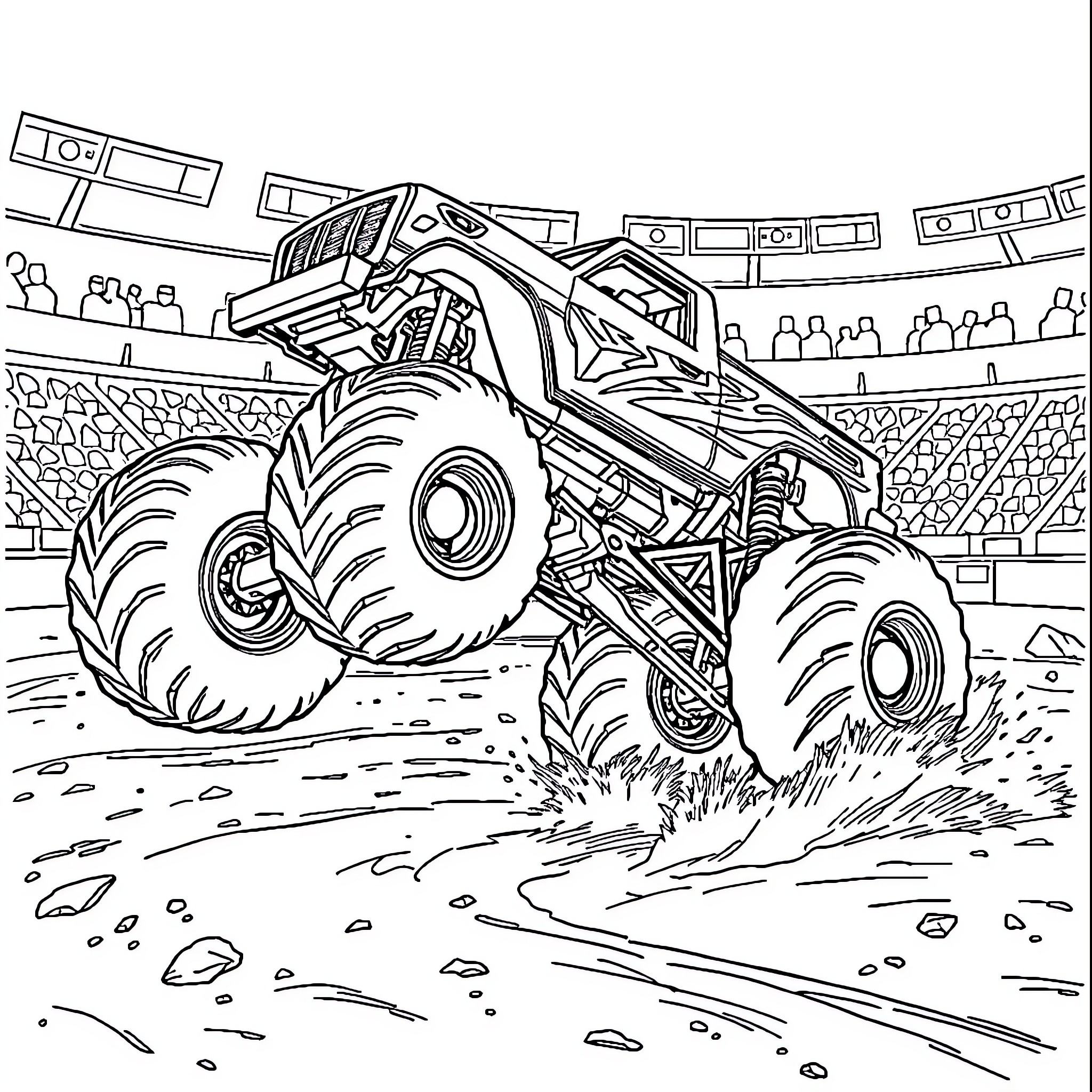 Monster Truck Crushing Rocks in the Stadium Coloring Page (free black-and-white line drawing printable PDF for all, from beginners to advanced learners, including children, teens, adults, and seniors)