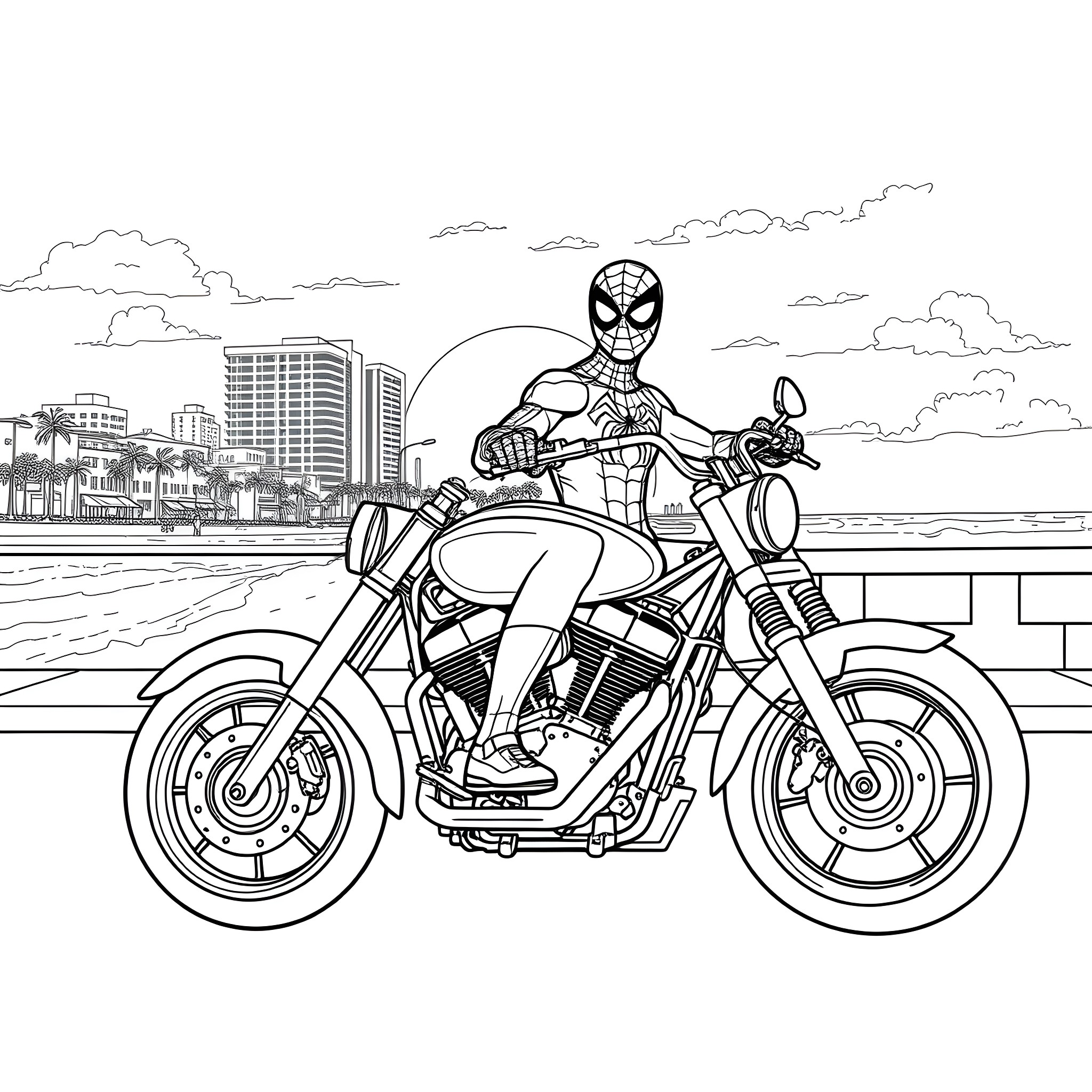 Spidey rides his motorcycle with cityscape backdrop Coloring Page (free black-and-white line drawing printable PDF for all, from beginners to advanced learners, including children, teens, adults, and seniors)