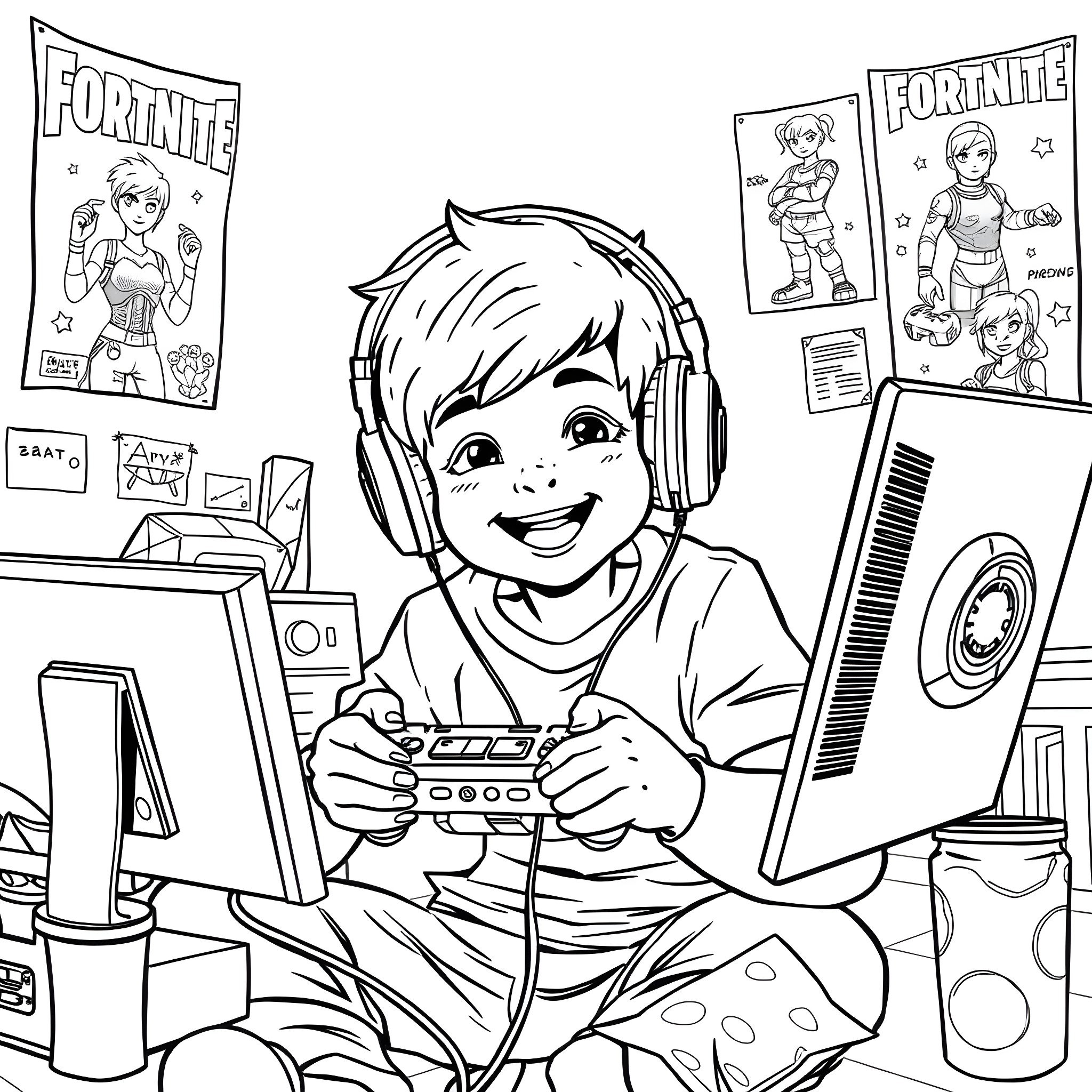 Kid playing video games with Fortnite posters Coloring Page (free black-and-white line drawing printable PDF for all, from beginners to advanced learners, including children, teens, adults, and seniors)