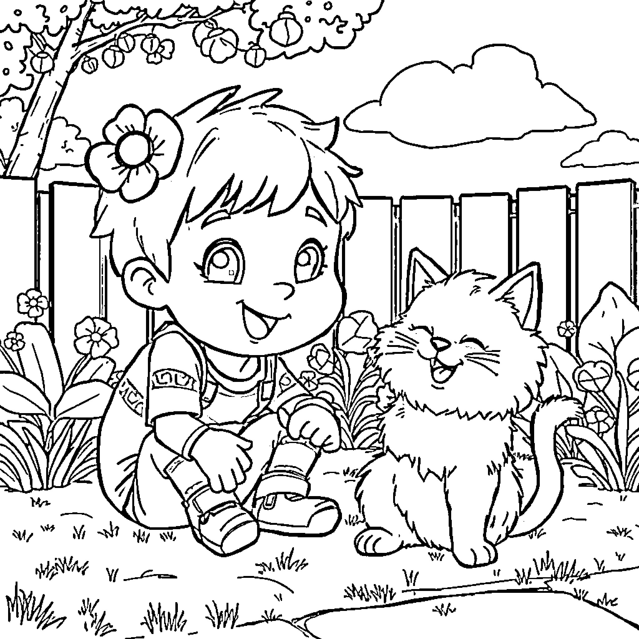 JJ's Playtime with Furry Friend in the Garden Coloring Page (free black-and-white line drawing printable PDF for all, from beginners to advanced learners, including children, teens, adults, and seniors)