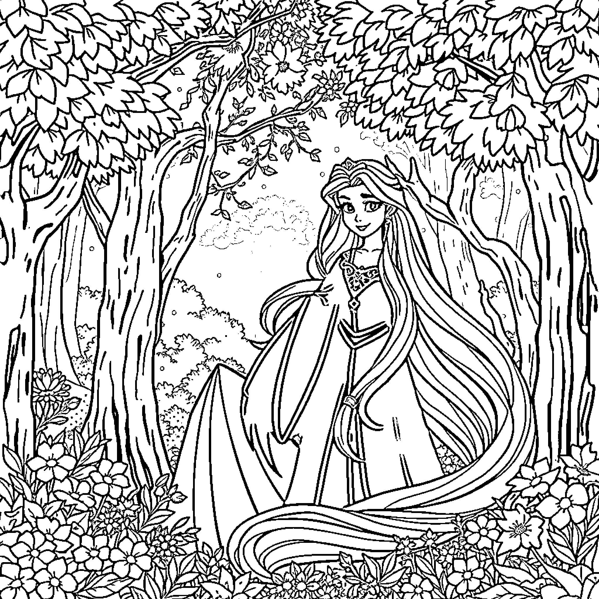 Bella's Magical Forest Adventure Coloring Page (free black-and-white line drawing printable PDF for all, from beginners to advanced learners, including children, teens, adults, and seniors)