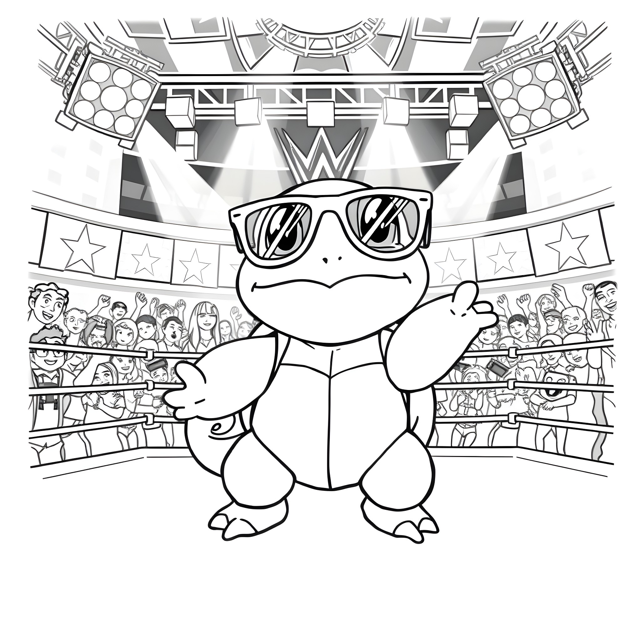 Squirtal's Friendly Appearance at the Wrestling Arena Coloring Page (free black-and-white line drawing printable PDF for all, from beginners to advanced learners, including children, teens, adults, and seniors)