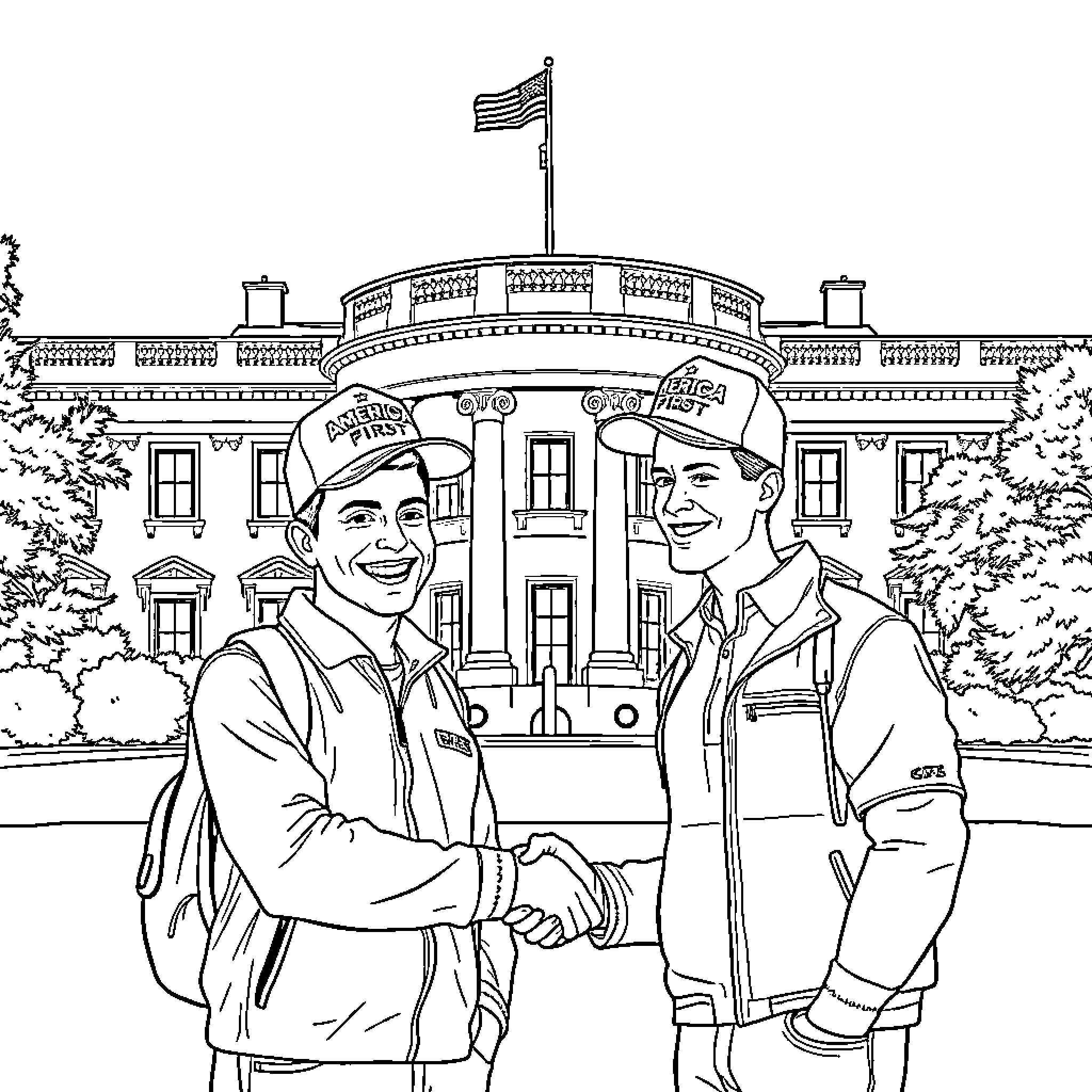 Nick Fuentes and companion standing in front of the White House Coloring Page (free black-and-white line drawing printable PDF for all, from beginners to advanced learners, including children, teens, adults, and seniors)