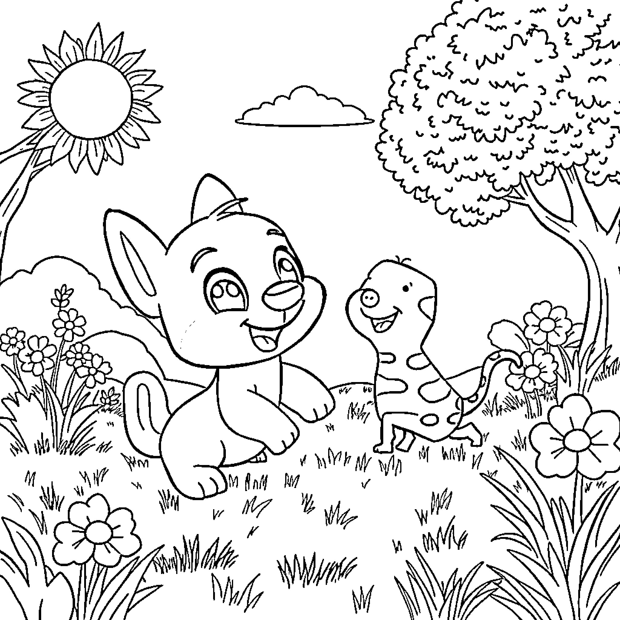Bluey and Friends in a Vibrant Outdoor Scene Coloring Page (free black-and-white line drawing printable PDF for all, from beginners to advanced learners, including children, teens, adults, and seniors)
