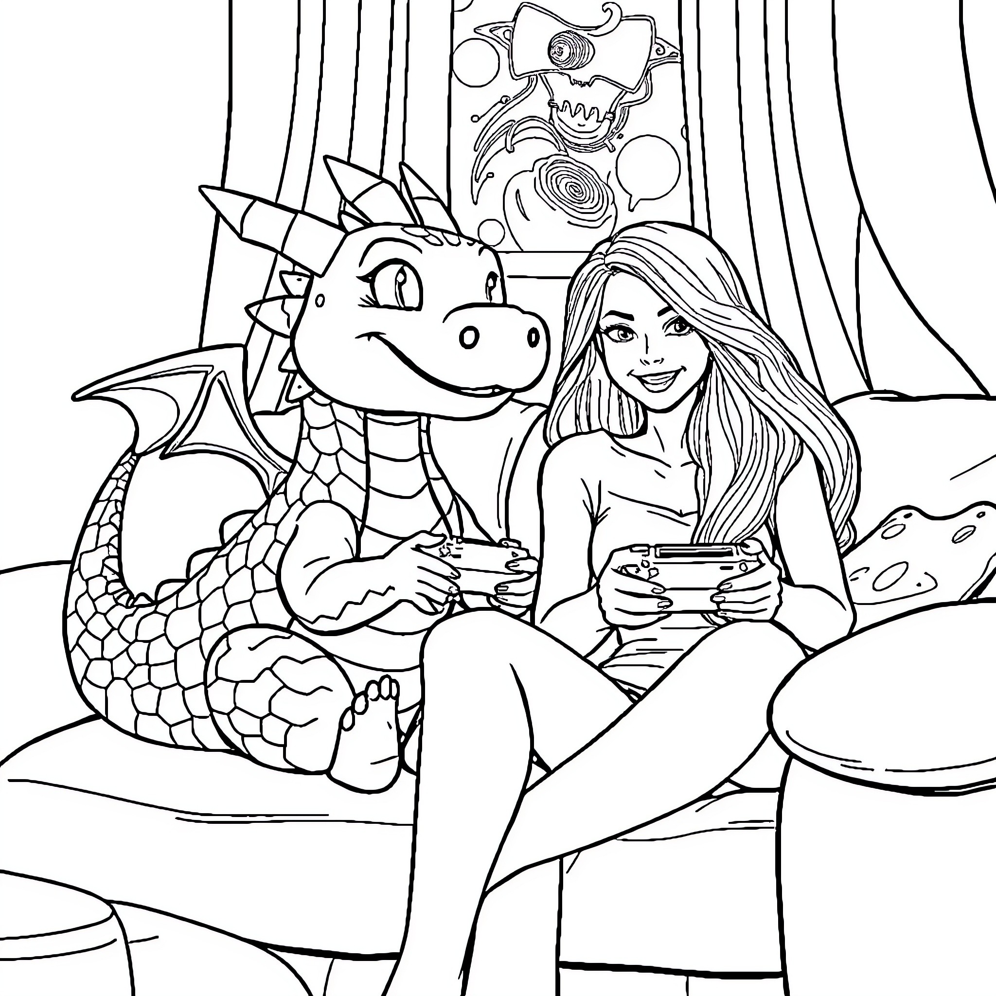 Dragon and Girl Relaxing Together Coloring Page (free black-and-white line drawing printable PDF for all, from beginners to advanced learners, including children, teens, adults, and seniors)