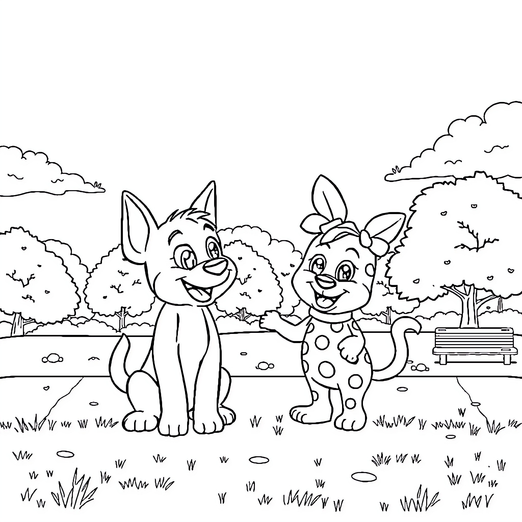 Bluey and friends explore the outdoor park Coloring Page (free black-and-white line drawing printable PDF for all, from beginners to advanced learners, including children, teens, adults, and seniors)