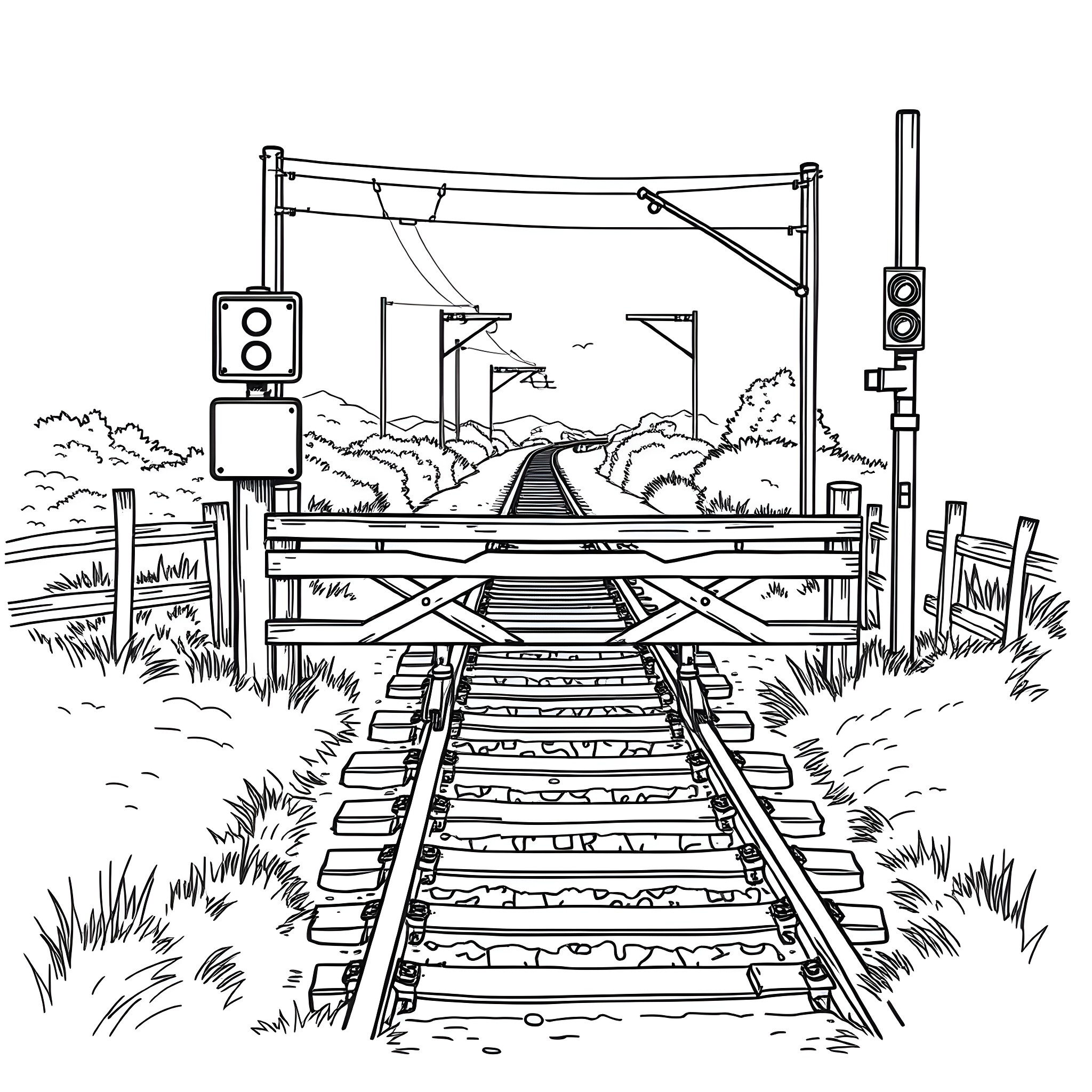 Railway Crossing with Traffic Signals and Train Tracks Coloring Page (free black-and-white line drawing printable PDF for all, from beginners to advanced learners, including children, teens, adults, and seniors)