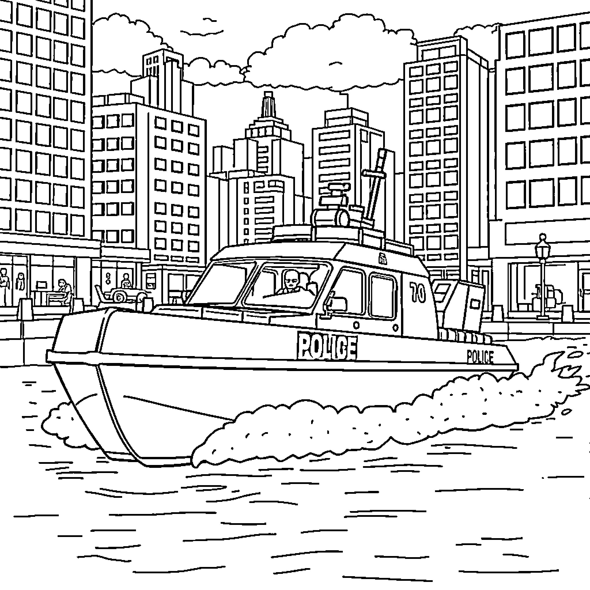 Boat patrolling the city waters Coloring Page (free black-and-white line drawing printable PDF for all, from beginners to advanced learners, including children, teens, adults, and seniors)