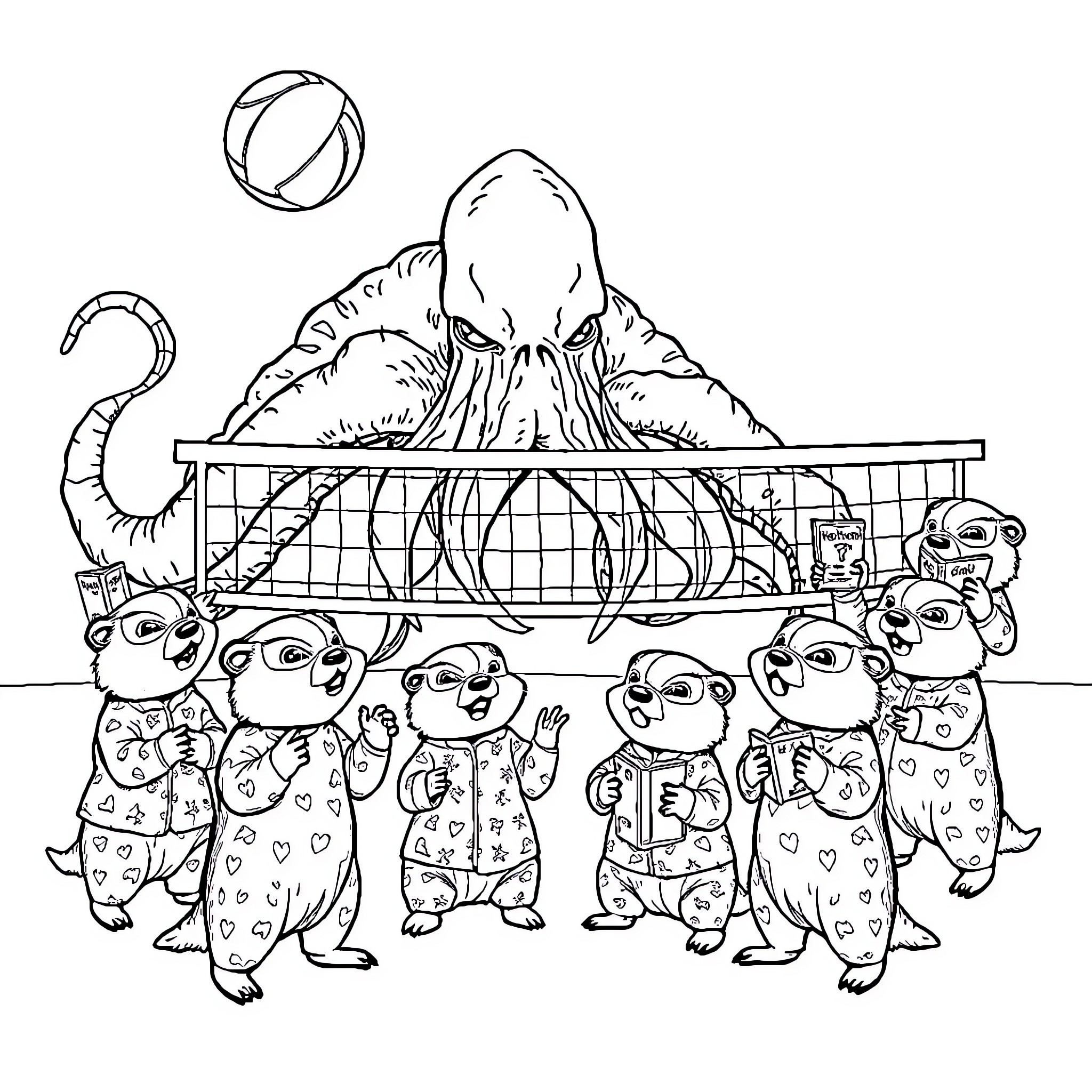 Cthulhu Awakening - Meerkat Menagerie Coloring Page (free black-and-white line drawing printable PDF for all, from beginners to advanced learners, including children, teens, adults, and seniors)