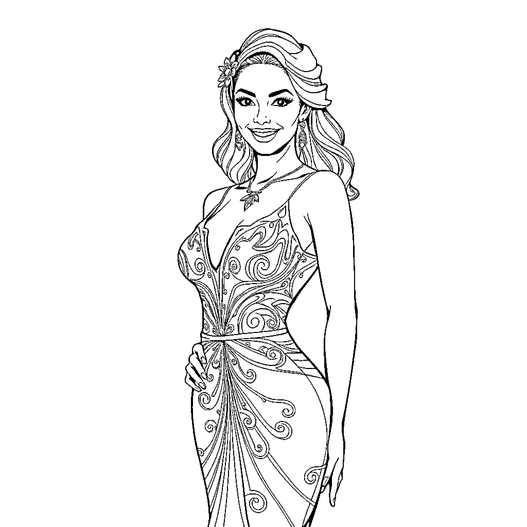 Dominique Torretto in Elegant Evening Attire Coloring Page (free black-and-white line drawing printable PDF for all, from beginners to advanced learners, including children, teens, adults, and seniors)