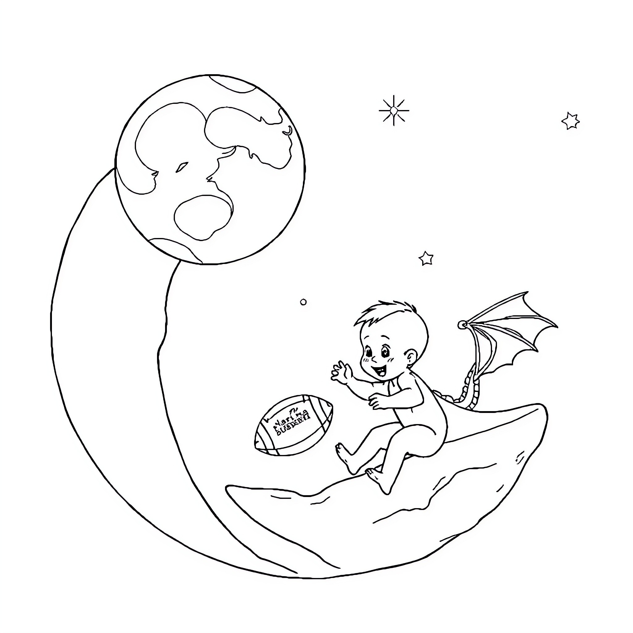 Baby dragon playing on the moon with a football Coloring Page (free black-and-white line drawing printable PDF for all, from beginners to advanced learners, including children, teens, adults, and seniors)