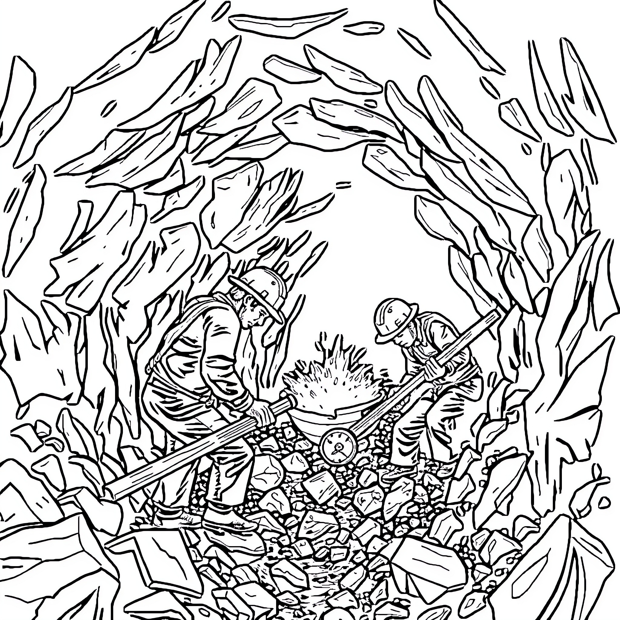 Mining hard work through challenging terrain Coloring Page (free black-and-white line drawing printable PDF for all, from beginners to advanced learners, including children, teens, adults, and seniors)